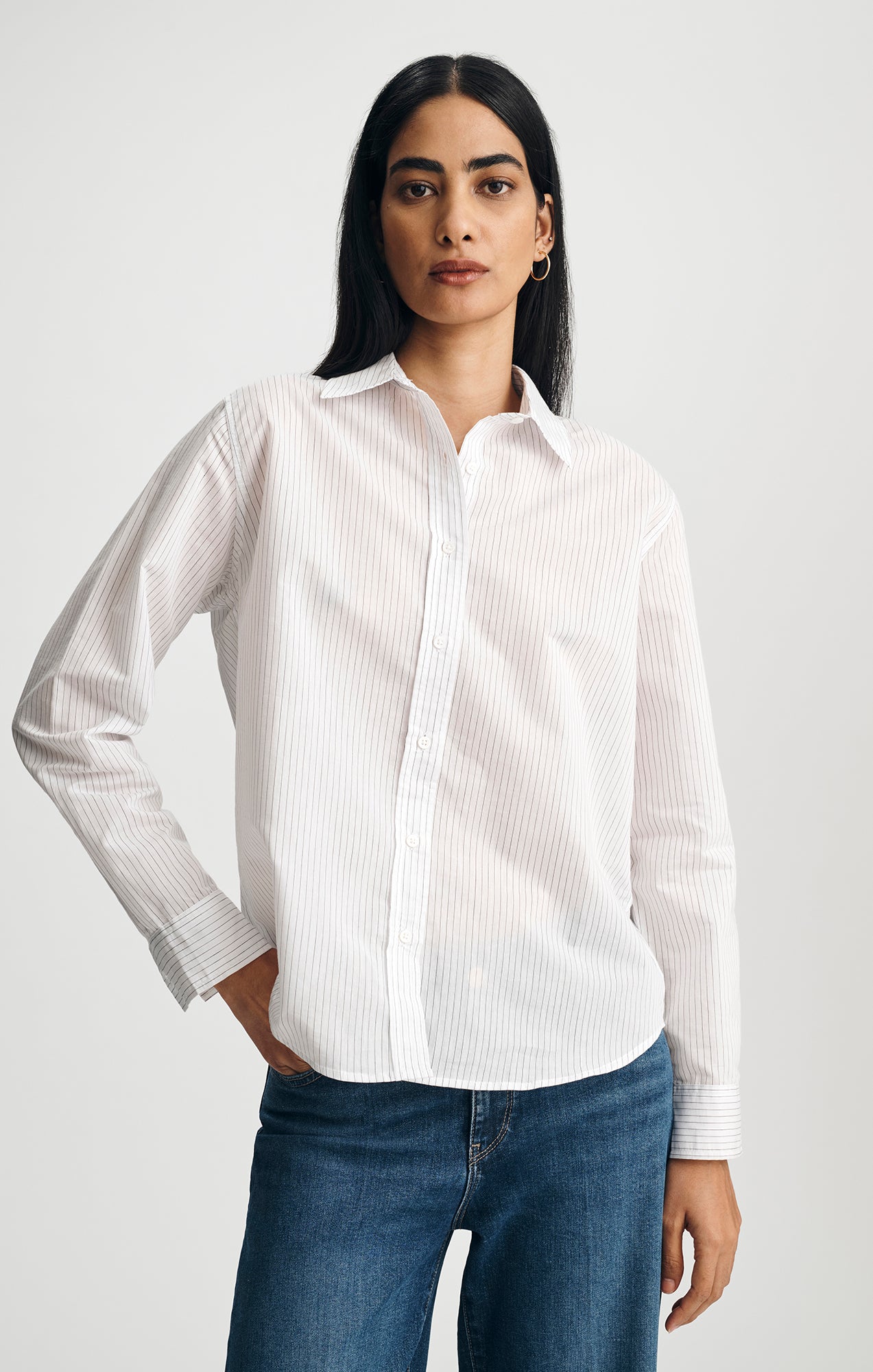 LONG SLEEVE WOVEN SHIRT IN BLACK WHITE STRIPE - Mavi Jeans