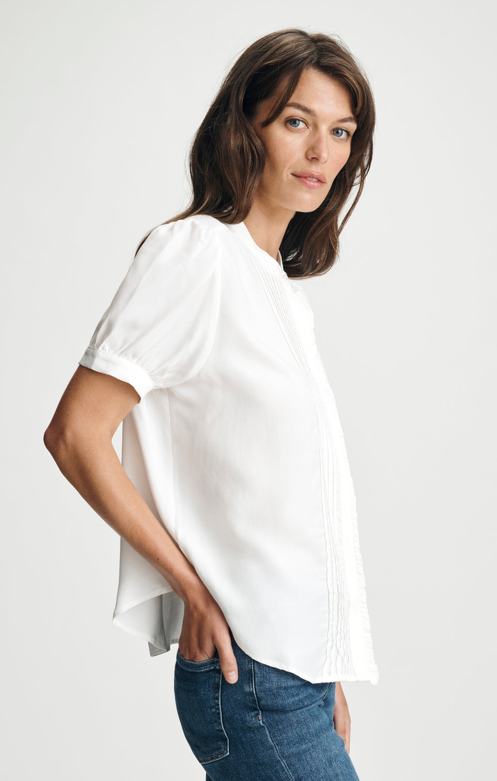 SHORT SLEEVE PINTUCK LACE TRIM SHIRT IN ANTIQUE WHITE - Mavi Jeans