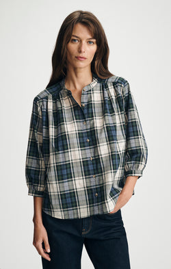 PLAID BALLOON SLEEVE BUTTON-UP SHIRT IN ATLANTIC DEEP CHECK - Mavi Jeans