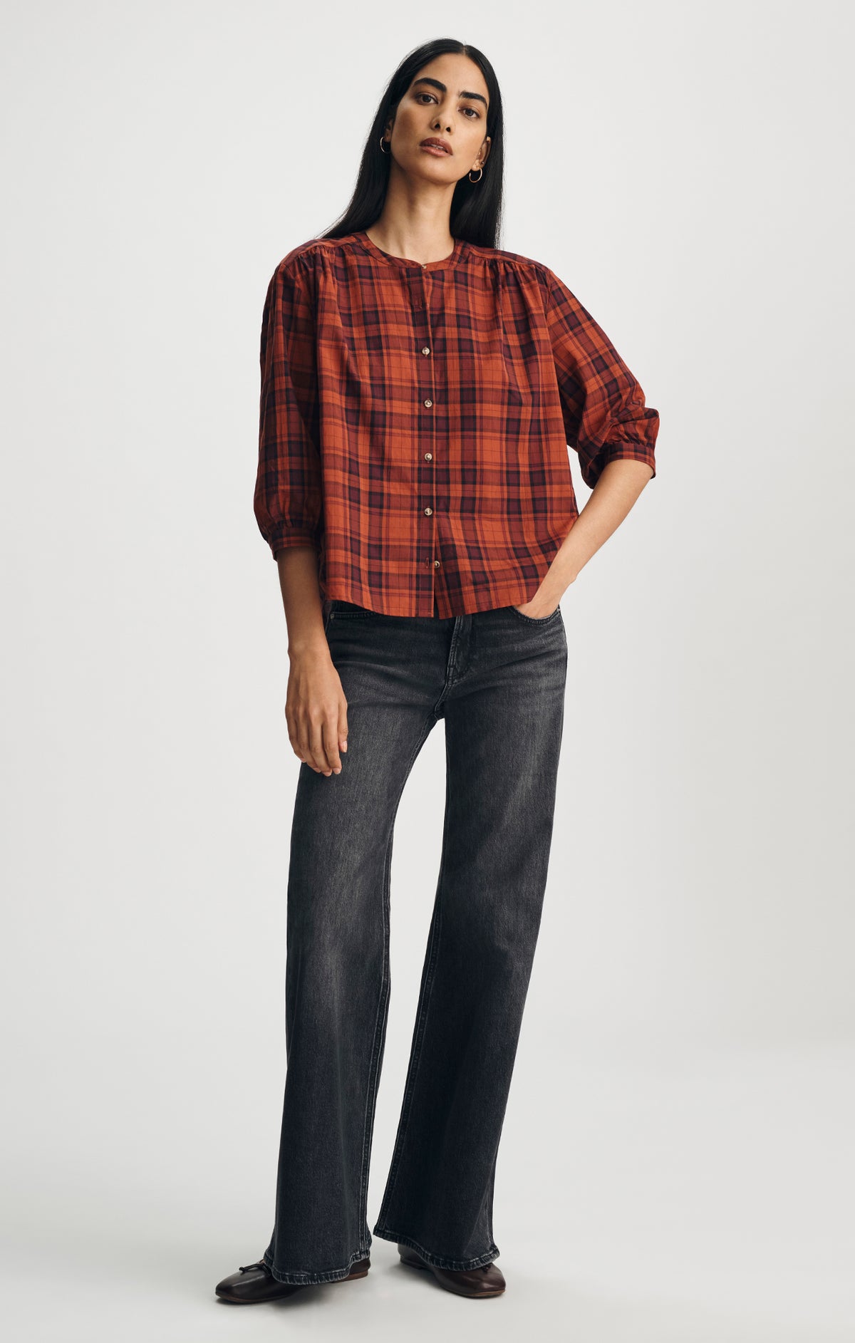 PLAID BALLOON SLEEVE BUTTON-UP SHIRT IN ROSEWOOD CHECK - Mavi Jeans