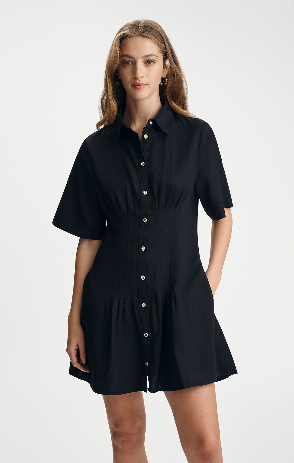 PLEATED MIDI SHIRTDRESS IN BLACK - Mavi Jeans