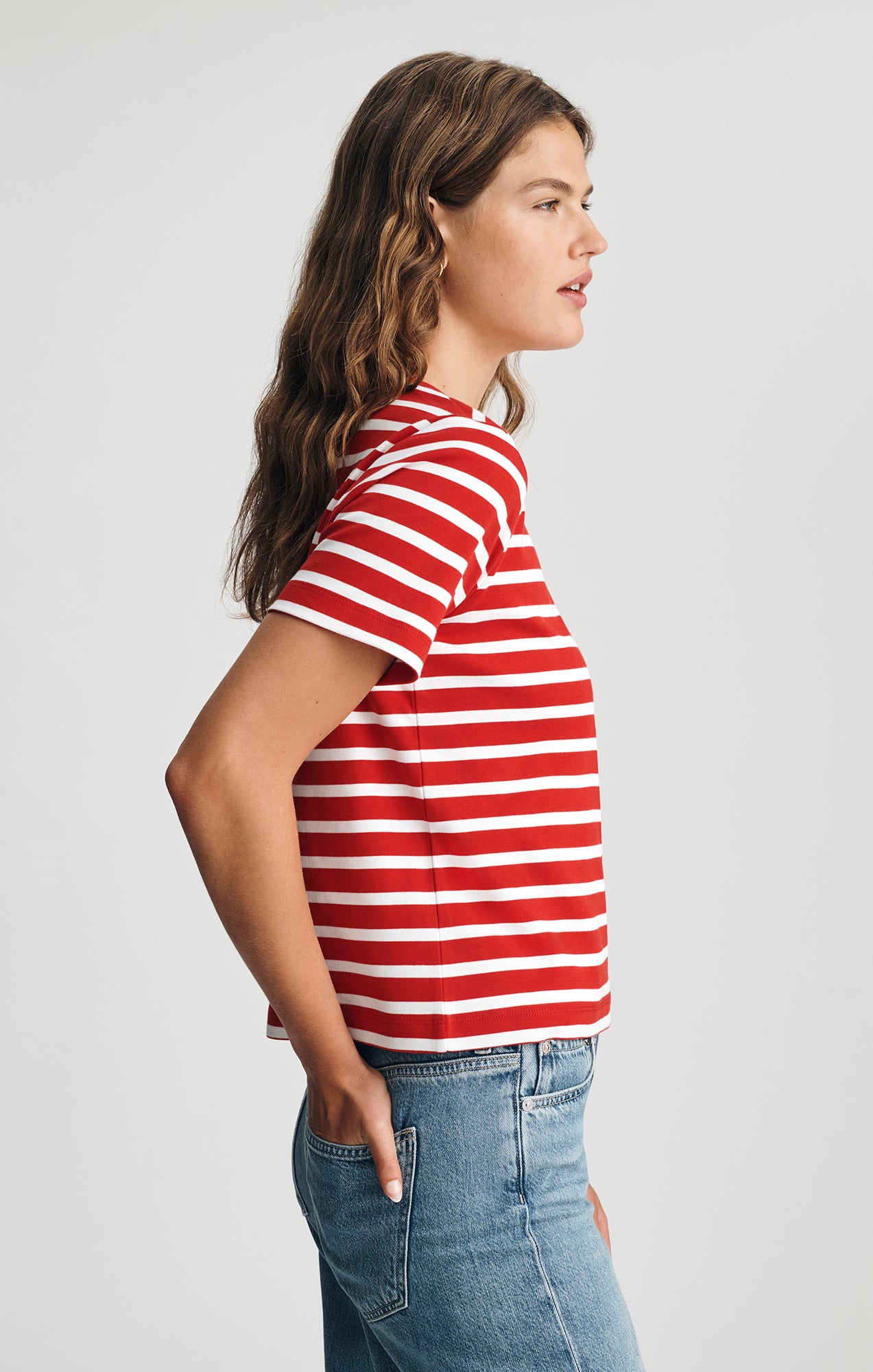 AUDREY INTERLOCK CREW NECK T-SHIRT IN RED STRIPED - Mavi Jeans