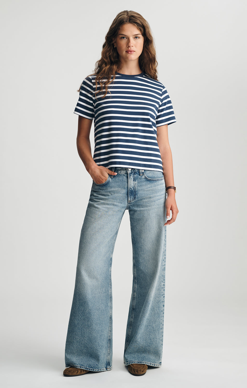 AUDREY INTERLOCK CREW NECK T-SHIRT IN NAVY STRIPE - Mavi Jeans