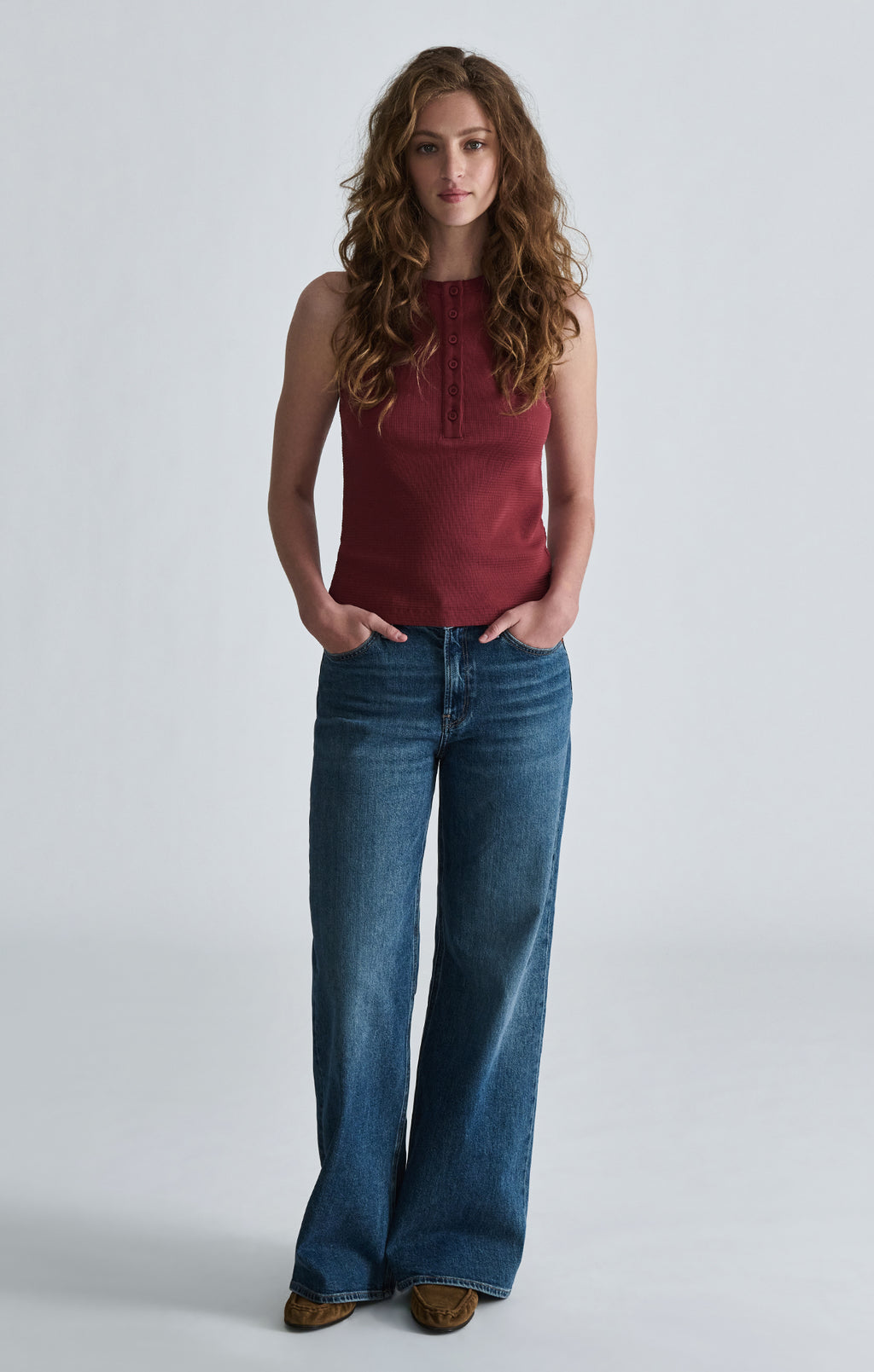 WAFFLE KNIT HENLEY TANK TOP IN ROSEWOOD - Mavi Jeans