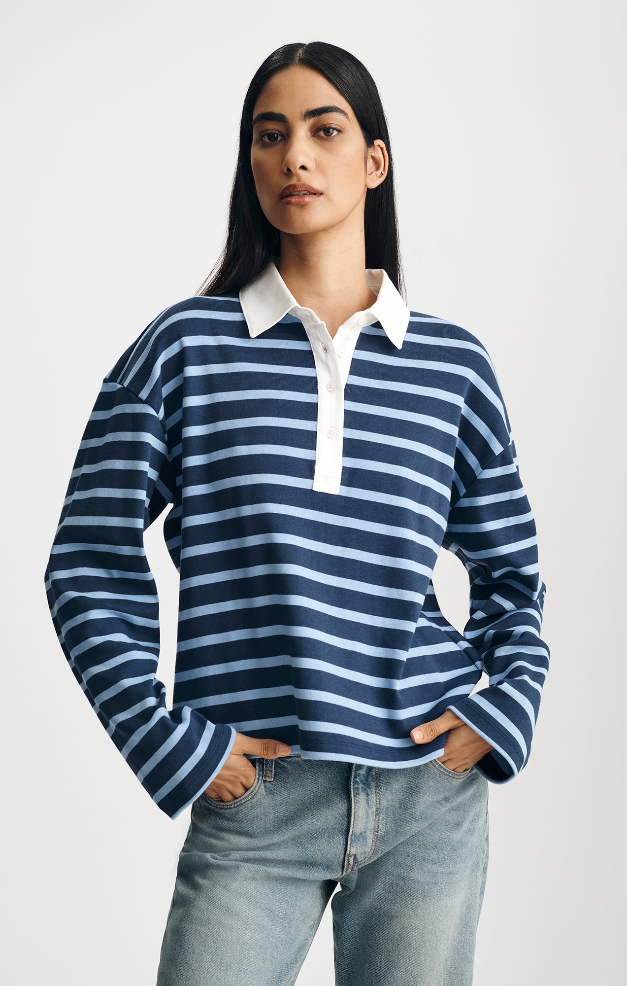 LONG SLEEVE POLO NECK JERSEY IN NAVY STRIPED - Mavi Jeans