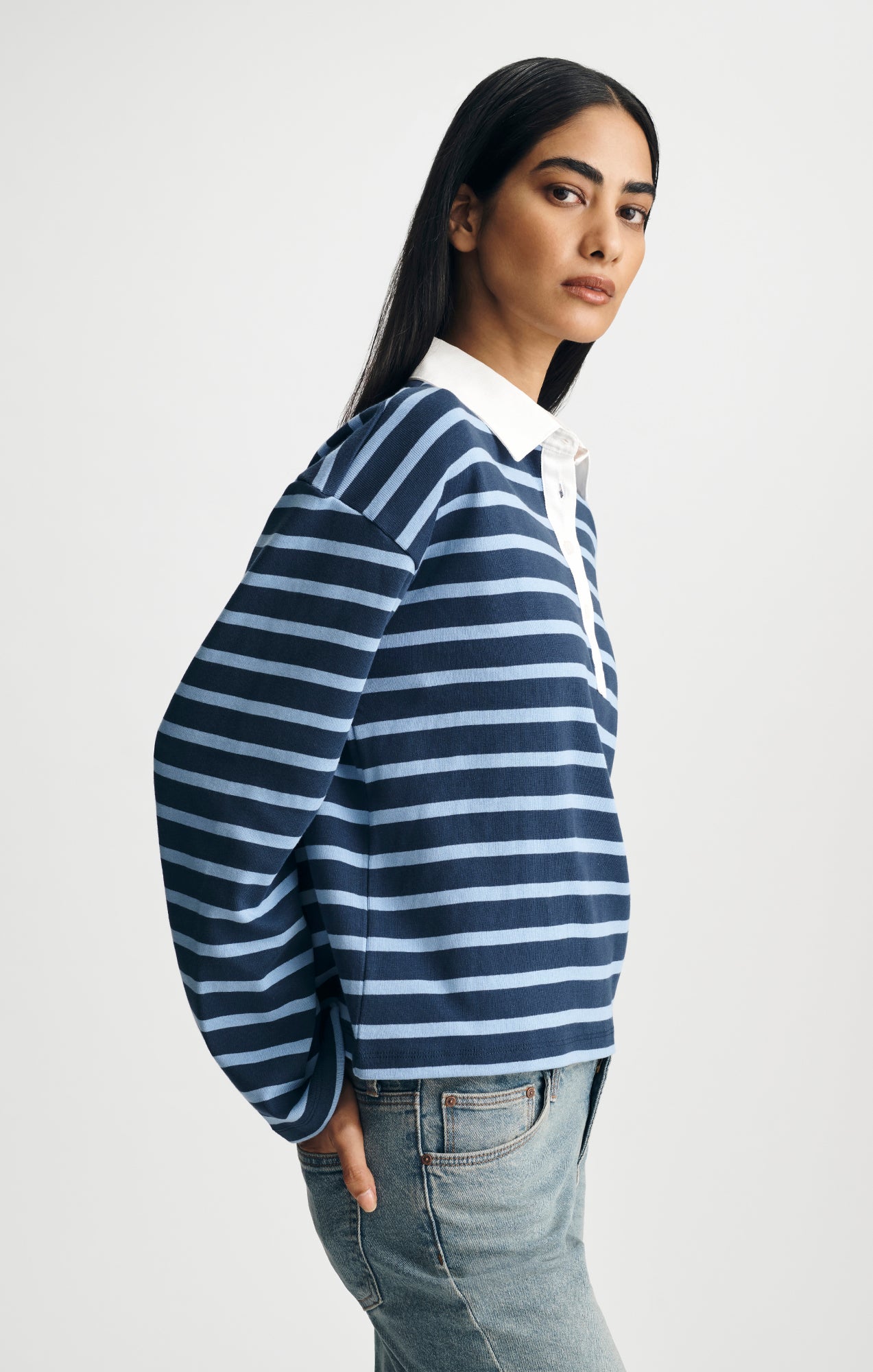 LONG SLEEVE POLO NECK JERSEY IN NAVY STRIPED - Mavi Jeans