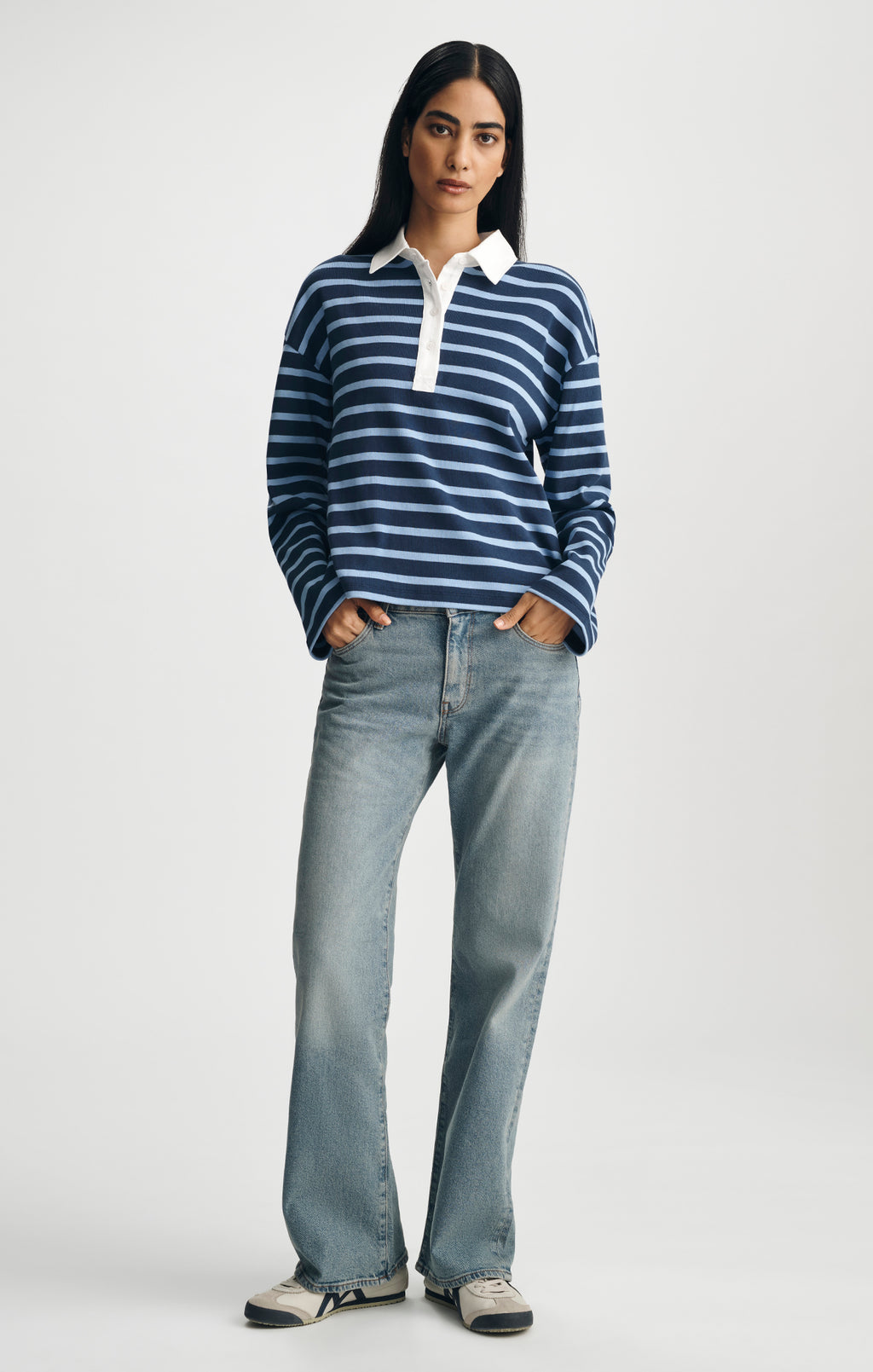 LONG SLEEVE POLO NECK JERSEY IN NAVY STRIPED - Mavi Jeans