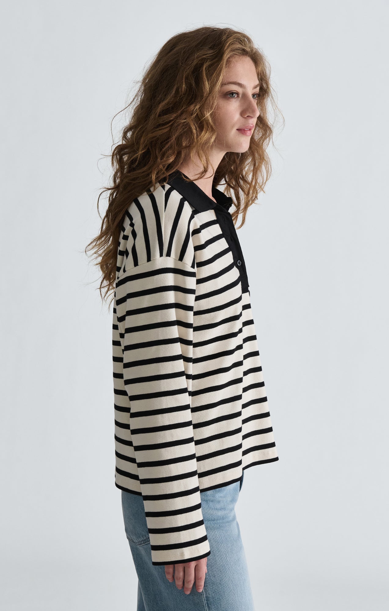 LONG SLEEVE POLO NECK JERSEY IN BLACK WHITE STRIPED - Mavi Jeans
