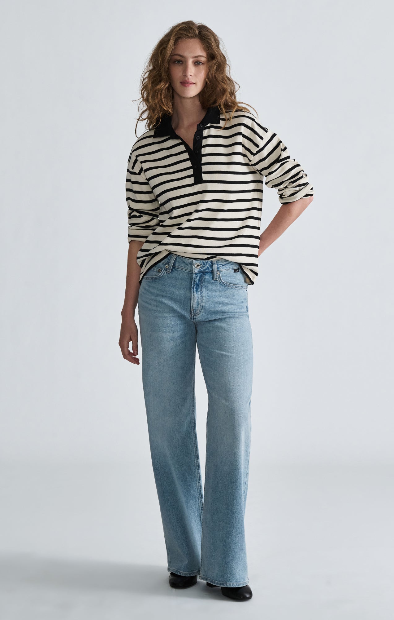 LONG SLEEVE POLO NECK JERSEY IN BLACK WHITE STRIPED - Mavi Jeans