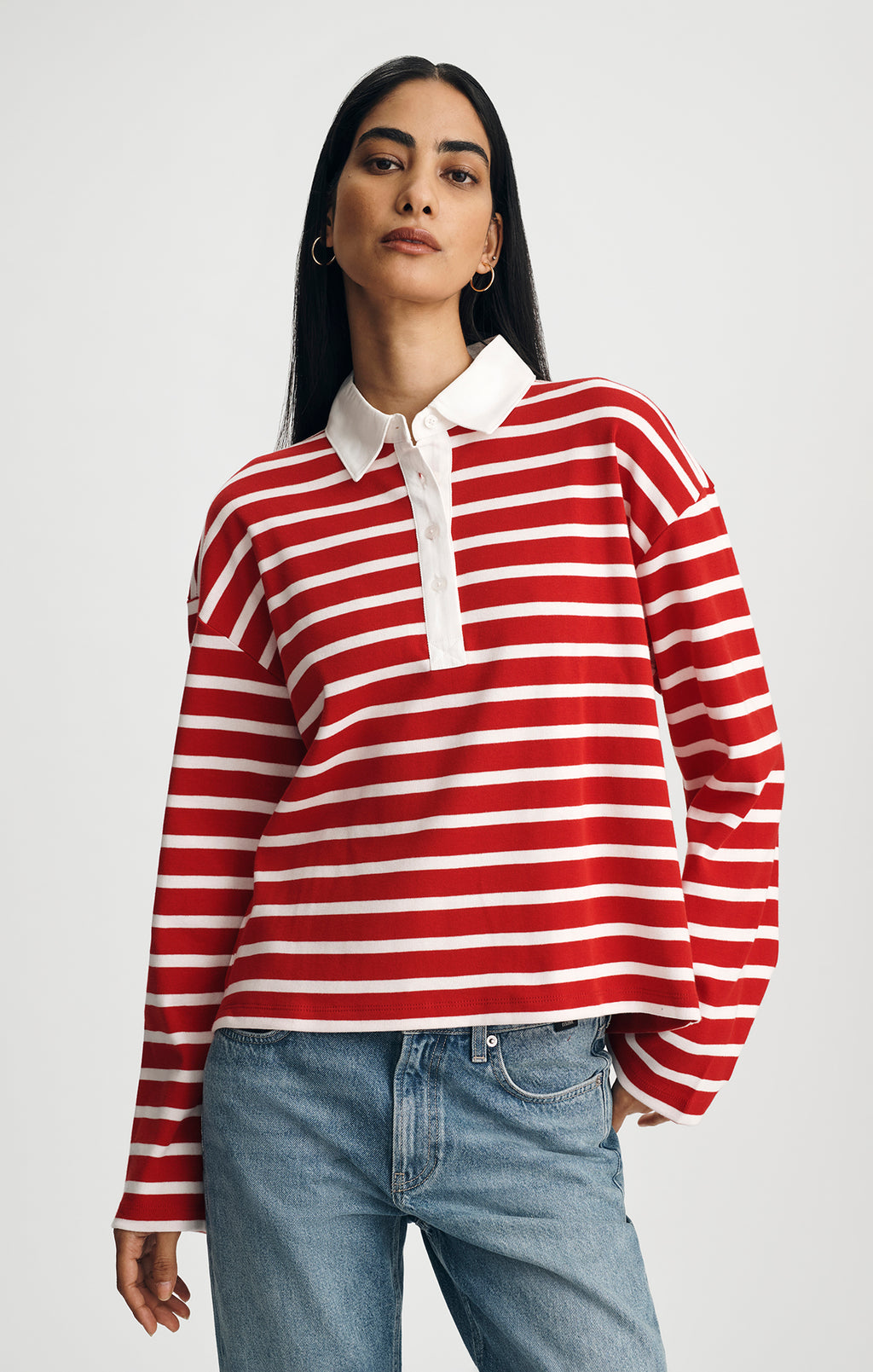 LONG SLEEVE POLO NECK JERSEY IN EQUESTRIAN RED STRIPE - Mavi Jeans