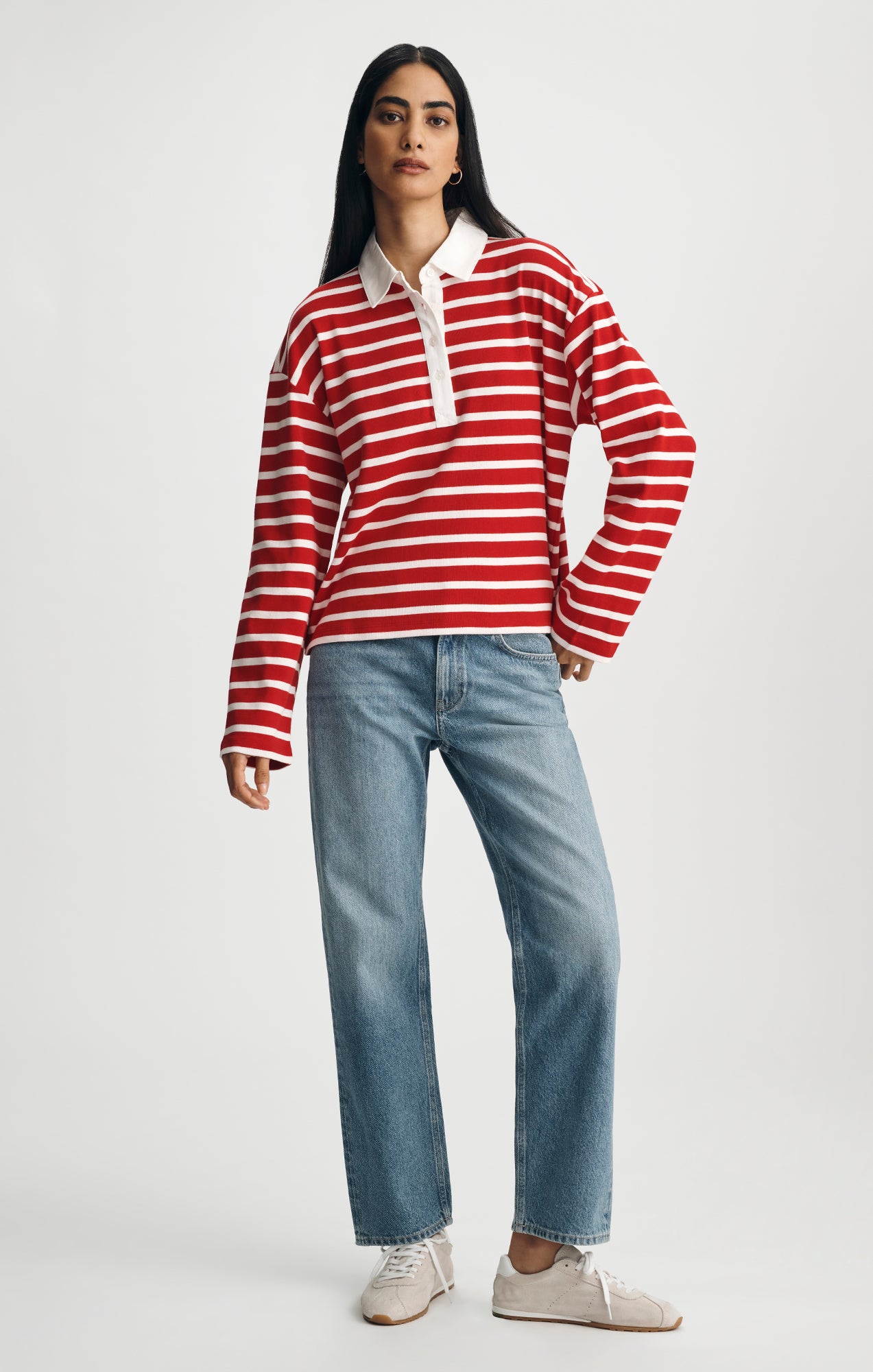 LONG SLEEVE POLO NECK JERSEY IN EQUESTRIAN RED STRIPE - Mavi Jeans
