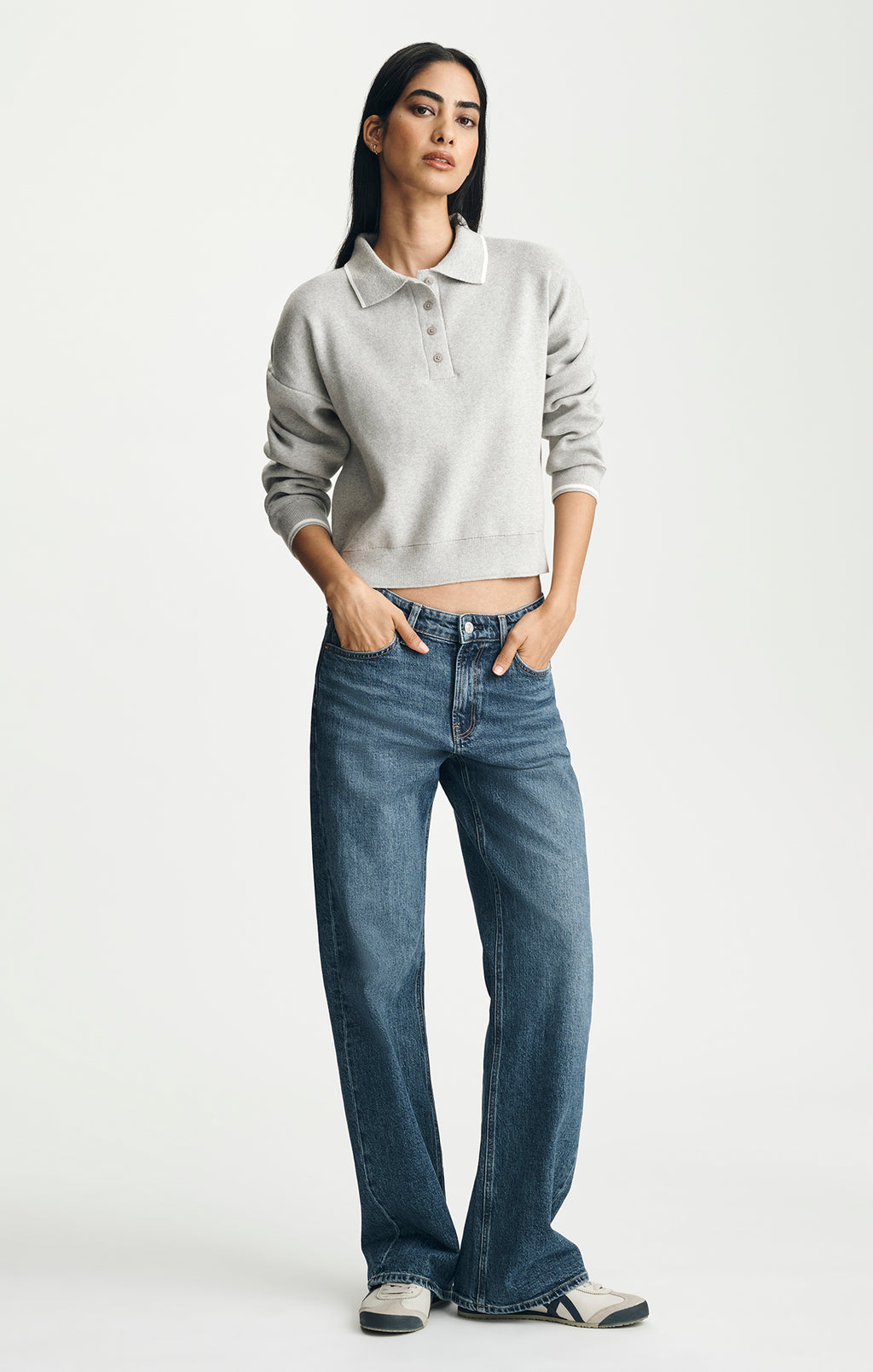 TIPPED POLO SWEATER IN MID GREY MELANGE - Mavi Jeans