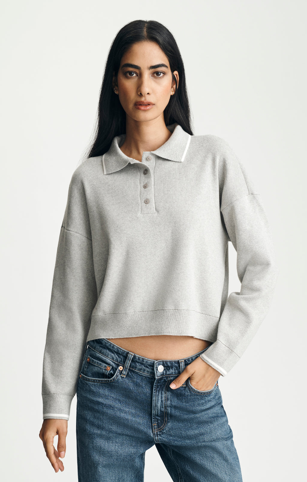 TIPPED POLO SWEATER IN MID GREY MELANGE - Mavi Jeans