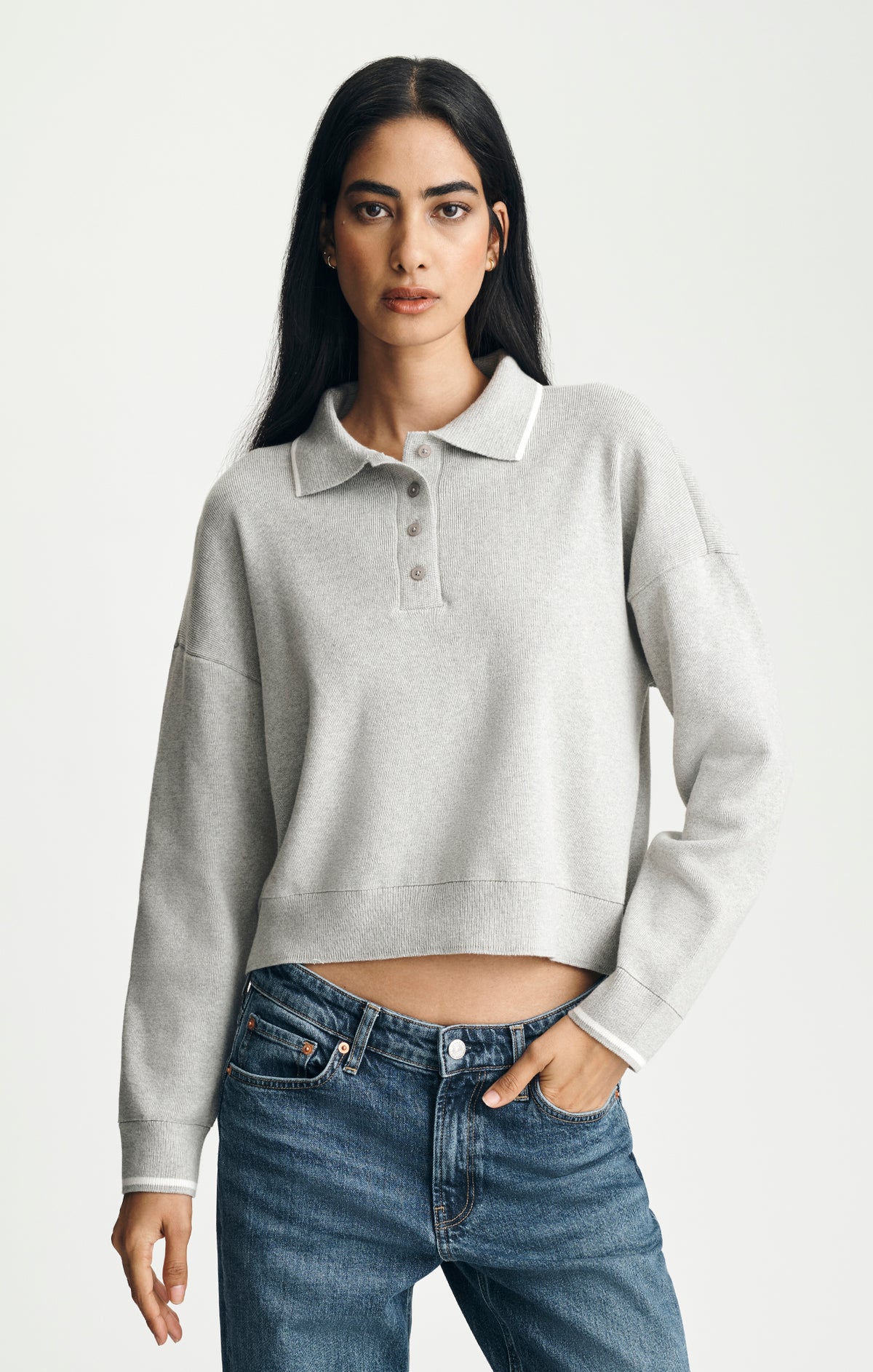 TIPPED POLO SWEATER IN MID GREY MELANGE - Mavi Jeans