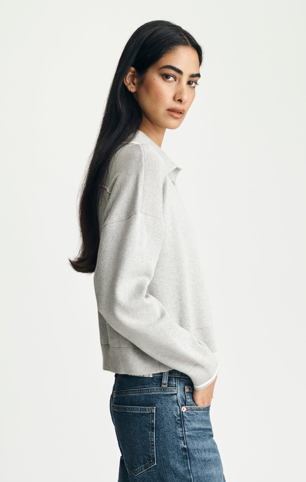 TIPPED POLO SWEATER IN MID GREY MELANGE - Mavi Jeans