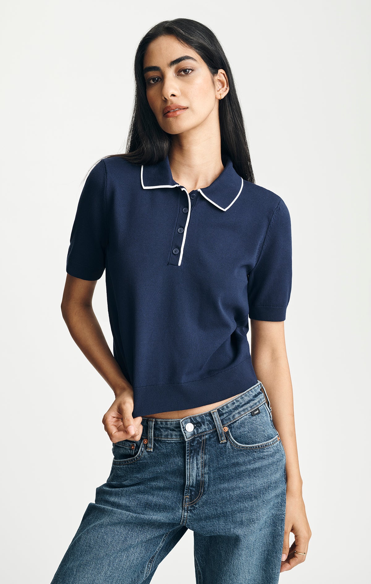 TRICOT SHORT SLEEVE POLO SWEATER IN MARITIME BLUE