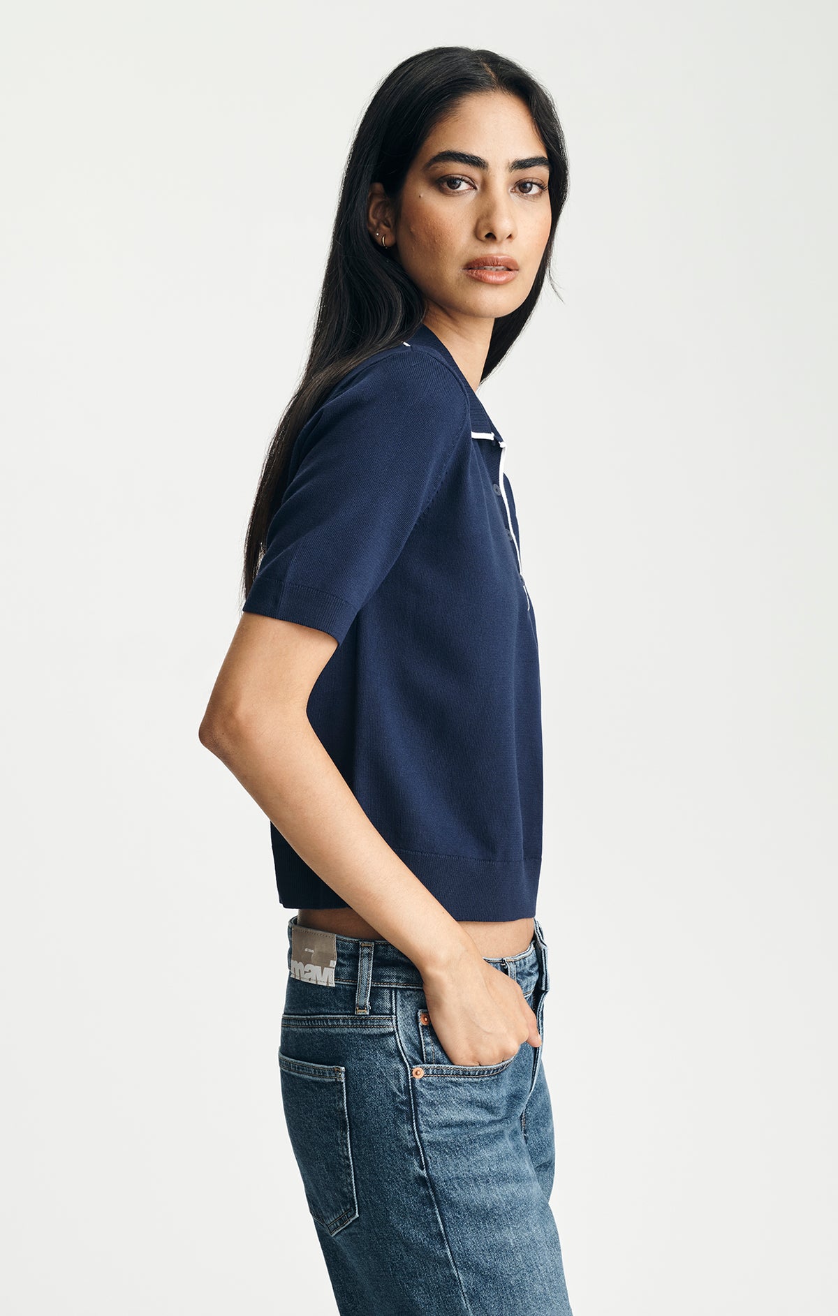 TRICOT SHORT SLEEVE POLO SWEATER IN MARITIME BLUE