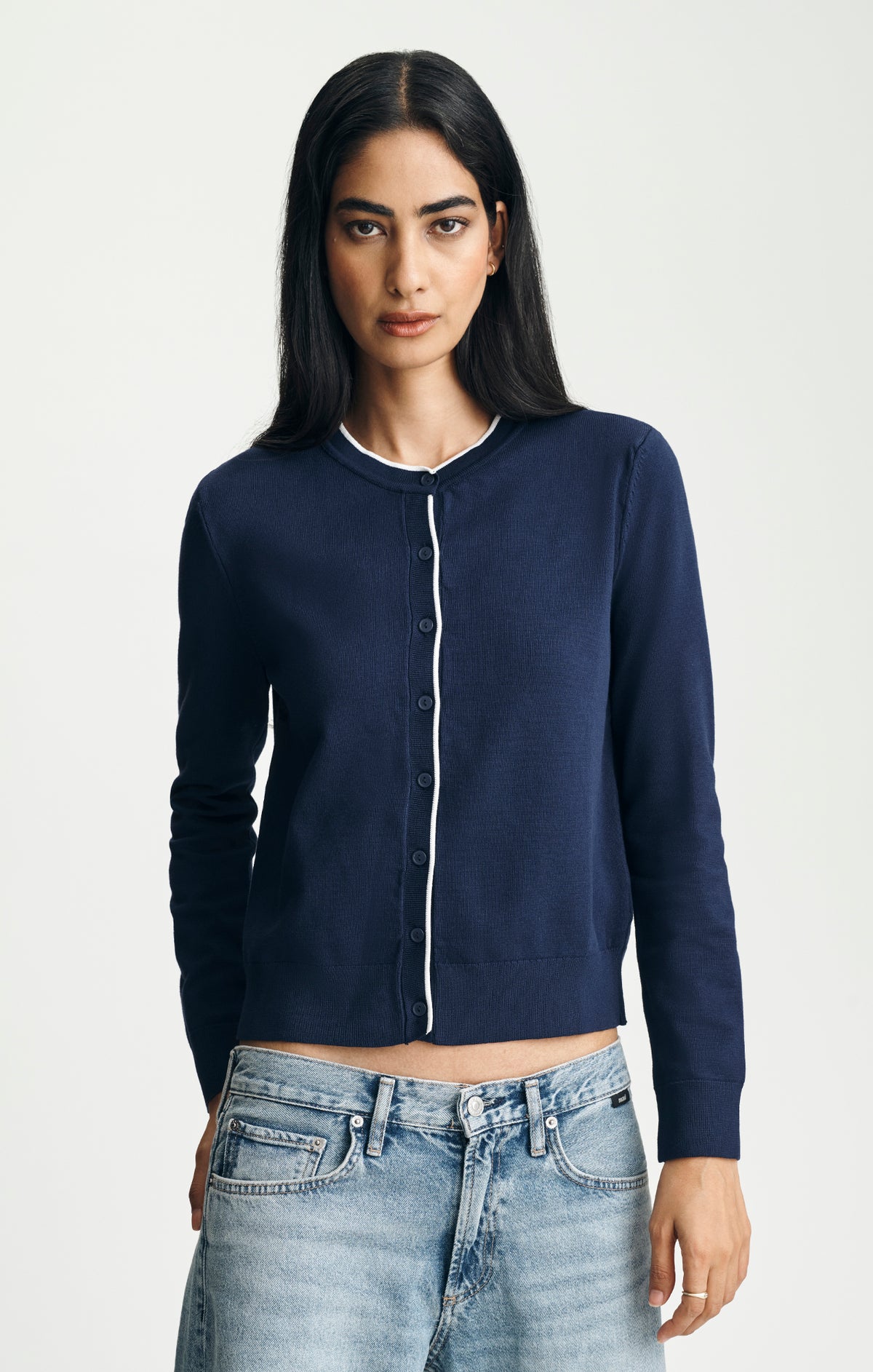 TIPPED CREW NECK CARDIGAN IN MARITIME BLUE - Mavi Jeans