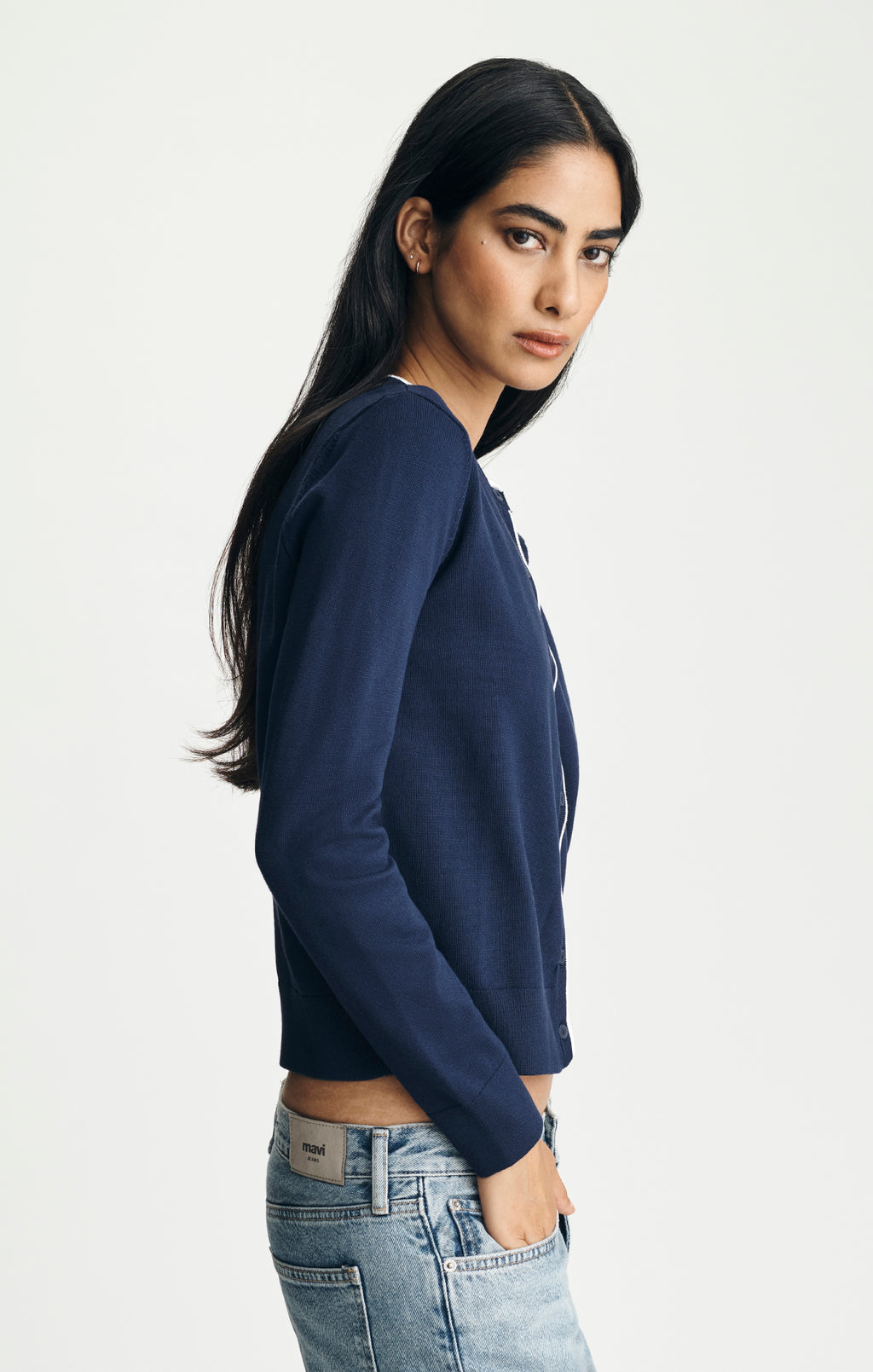 TIPPED CREW NECK CARDIGAN IN MARITIME BLUE - Mavi Jeans