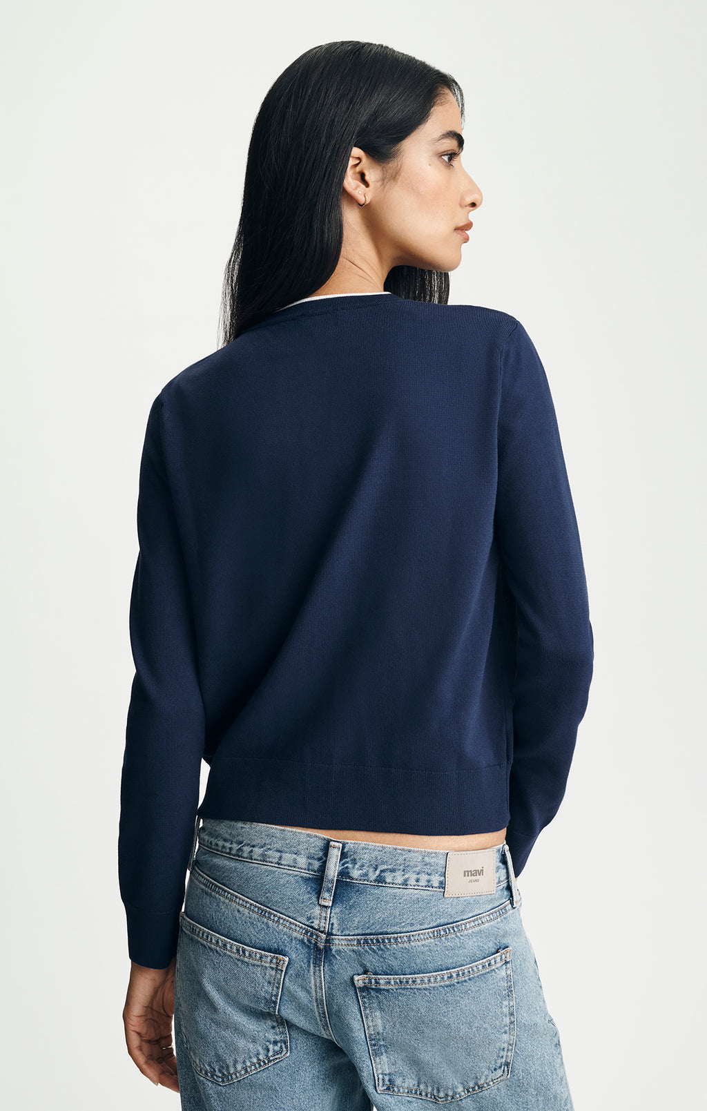 TIPPED CREW NECK CARDIGAN IN MARITIME BLUE - Mavi Jeans
