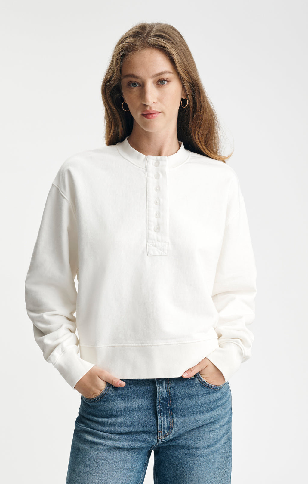 FLEECE HENLEY SWEATSHIRT IN ANTIQUE WHITE - Mavi Jeans