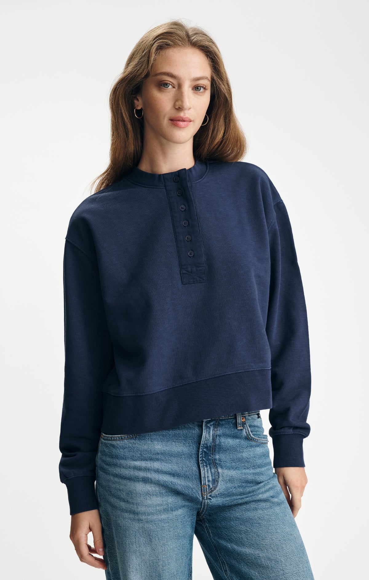 FLEECE HENLEY SWEATSHIRT IN PEACOAT - Mavi Jeans