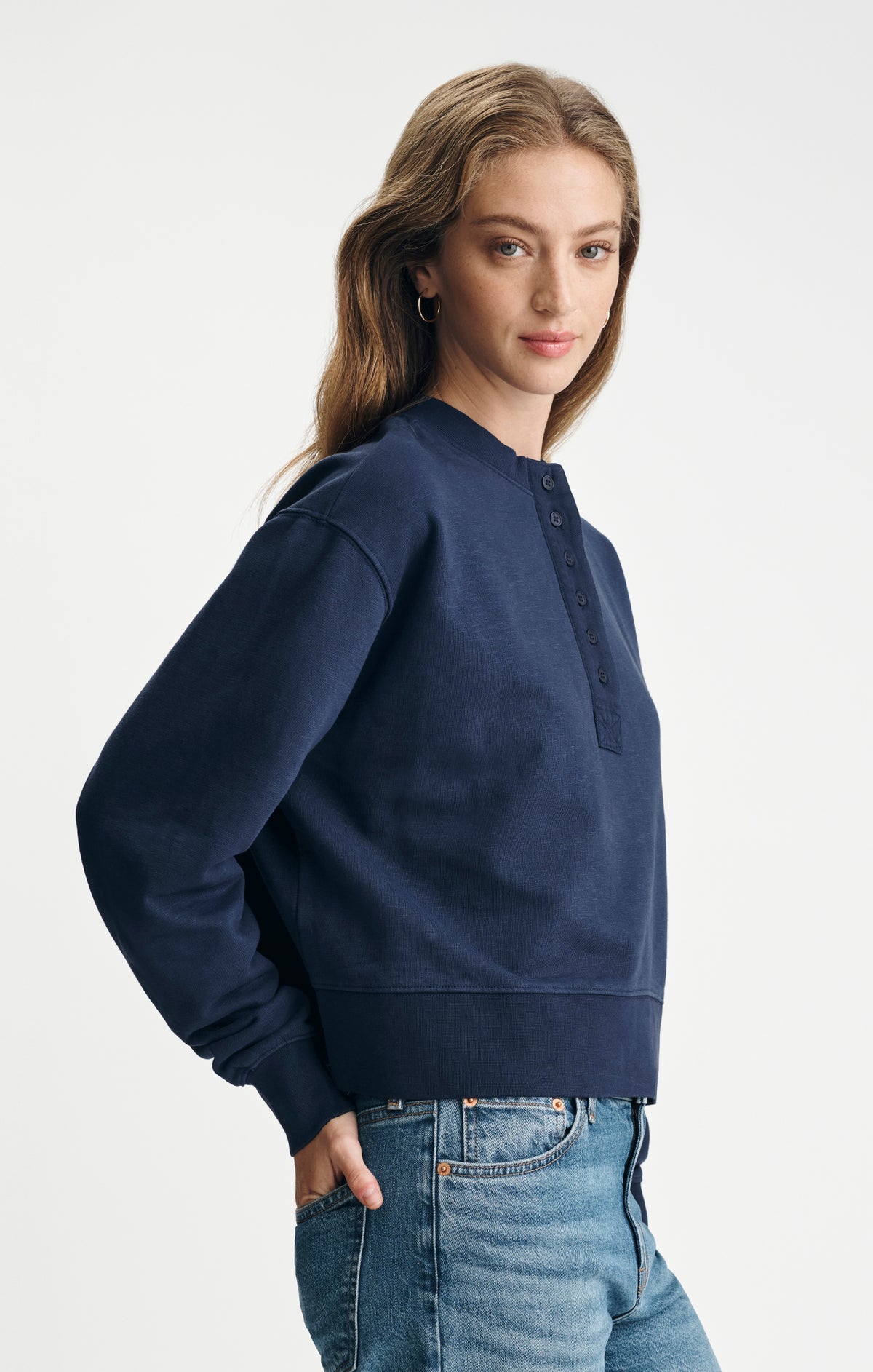 FLEECE HENLEY SWEATSHIRT IN PEACOAT - Mavi Jeans