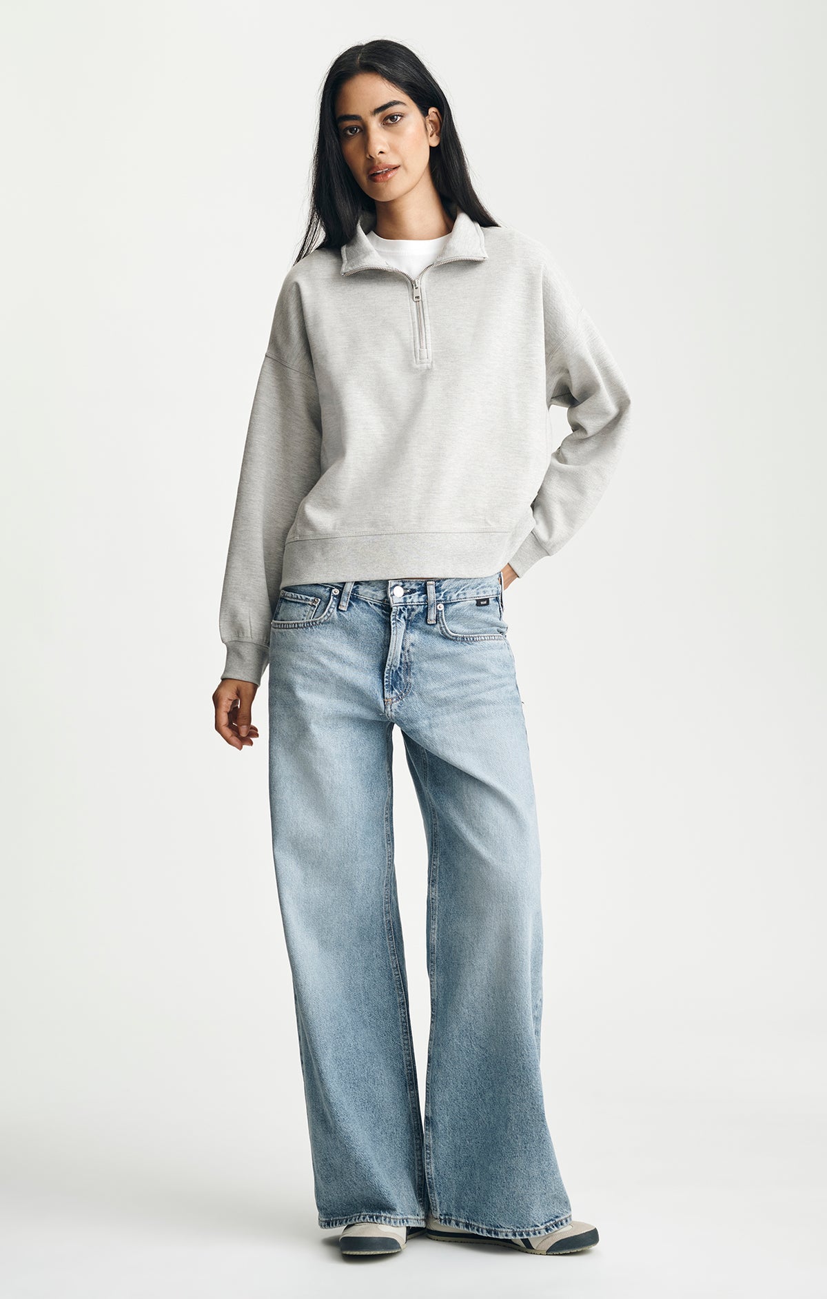 HALF ZIP SWEATSHIRT IN MID GREY MELANGE - Mavi Jeans