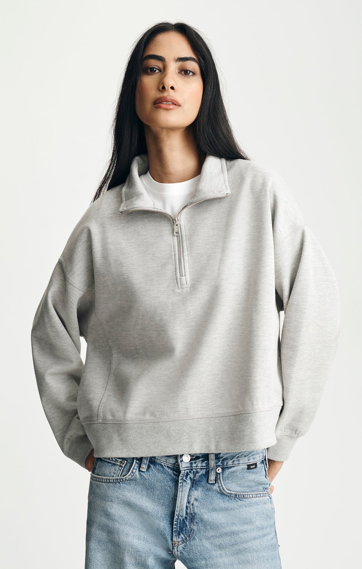 HALF ZIP SWEATSHIRT IN MID GREY MELANGE - Mavi Jeans