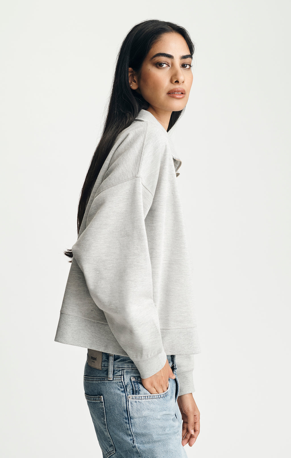 HALF ZIP SWEATSHIRT IN MID GREY MELANGE - Mavi Jeans