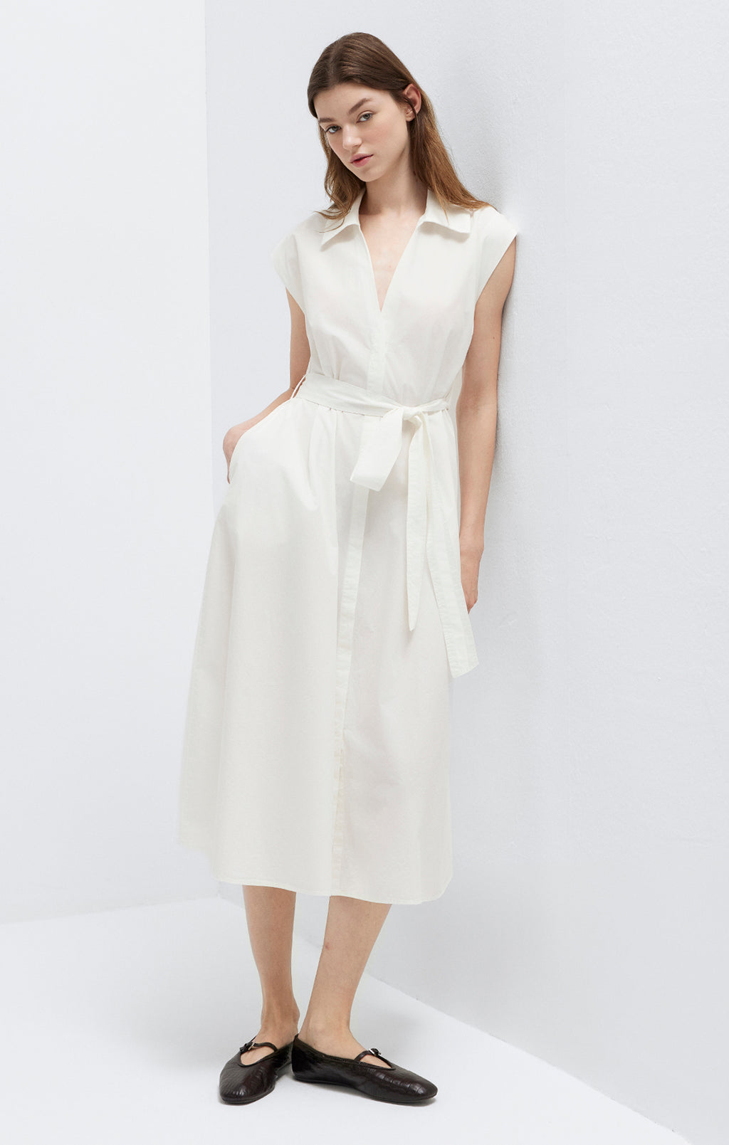 ROBE CHEMISE MIDI À CEINTURE NOUVELLE BLANC ANTIQUE