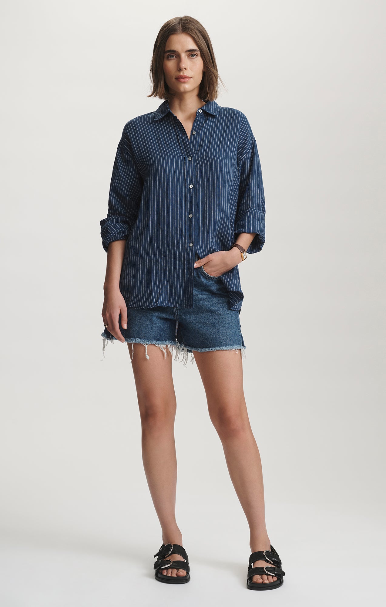 LINEN LONG SLEEVE BUTTON-UP SHIRT IN NAVY STRIPE - Mavi Jeans