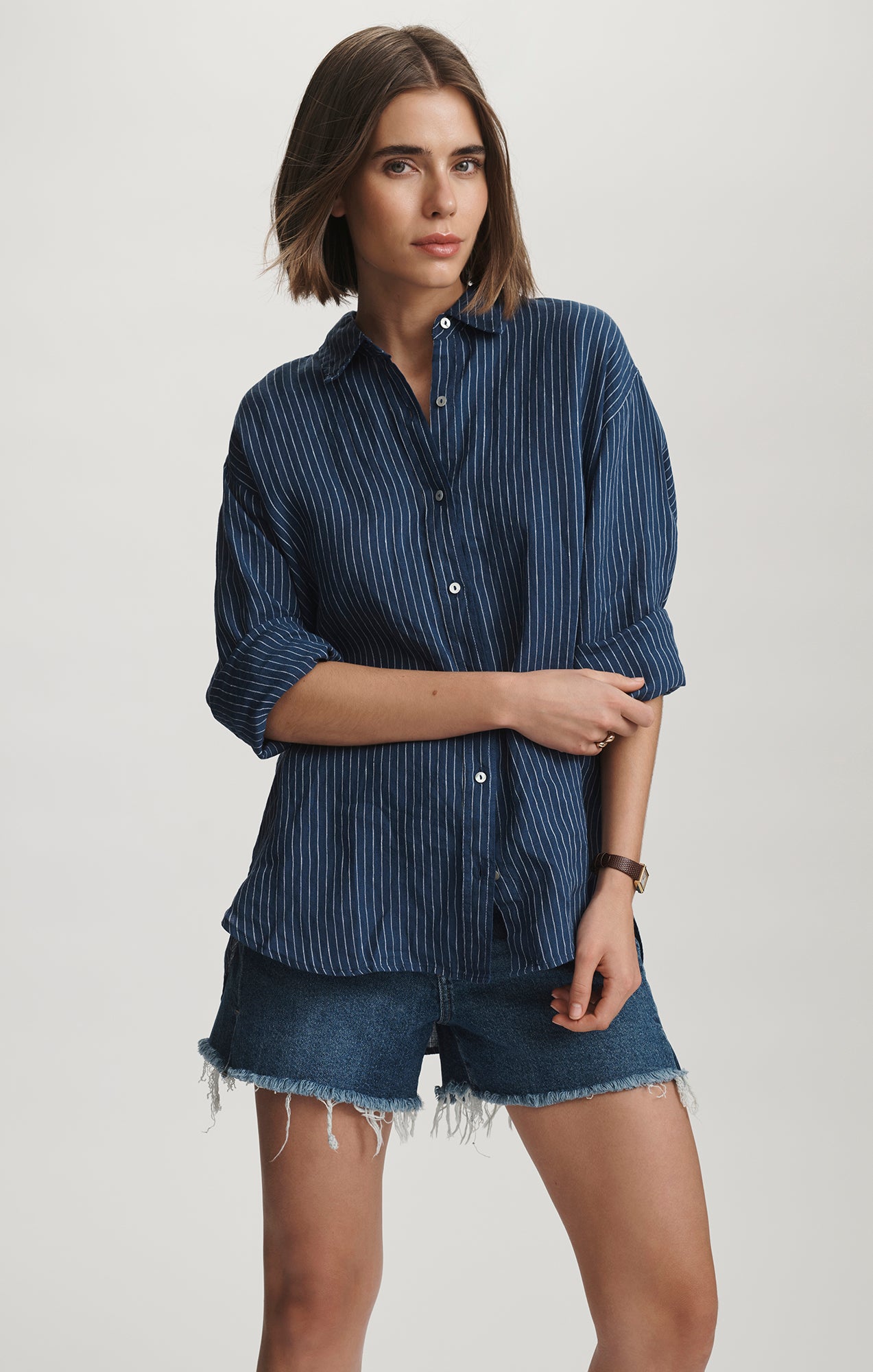 LINEN LONG SLEEVE BUTTON-UP SHIRT IN NAVY STRIPE - Mavi Jeans