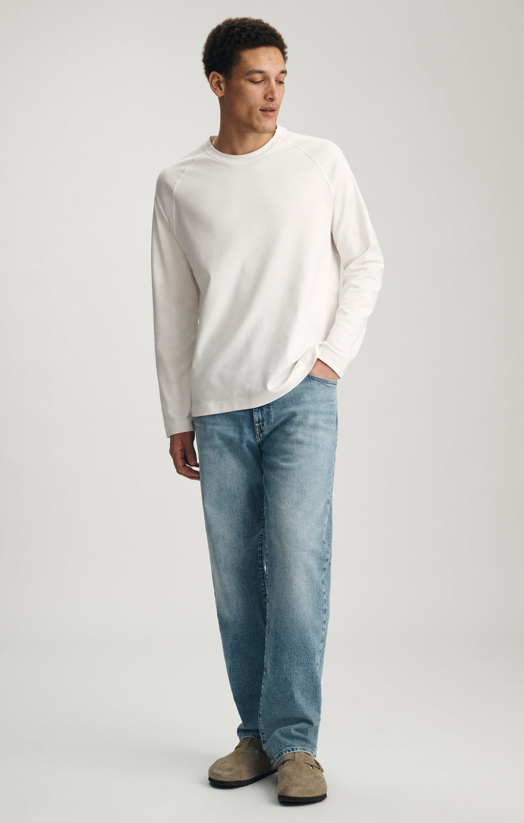 INTERLOCK LONG SLEEVE CREW NECK T-SHIRT IN ANTIQUE WHITE - Mavi Jeans