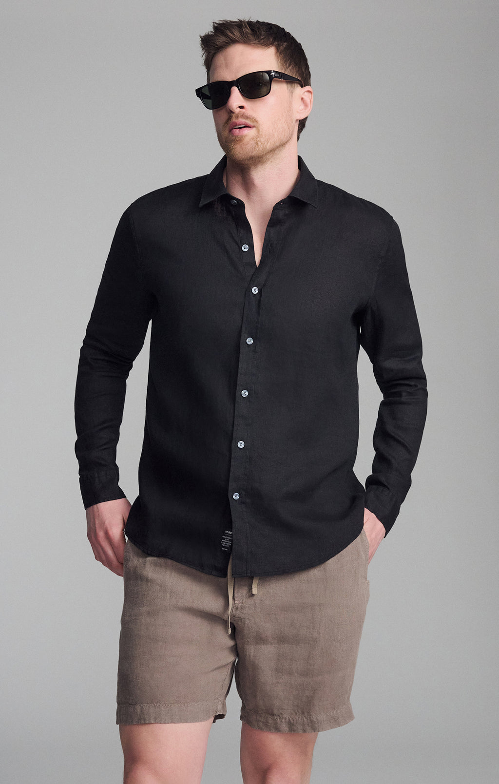 LINEN LONG SLEEVE BUTTON-UP SHIRT IN BLACK - Mavi Jeans