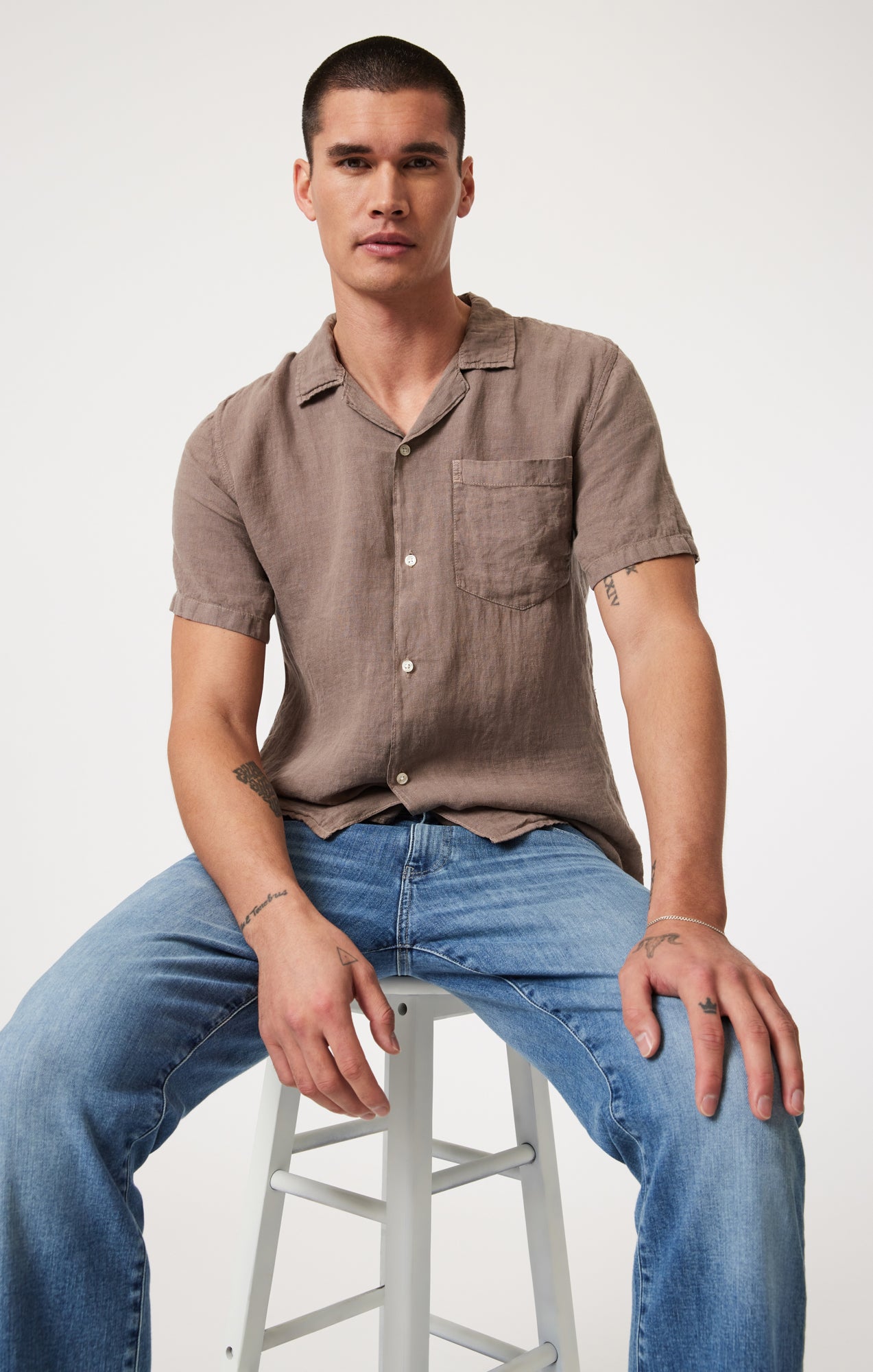 LINEN SHORT SLEEVE SHIRT IN BRINDLE - Mavi Jeans