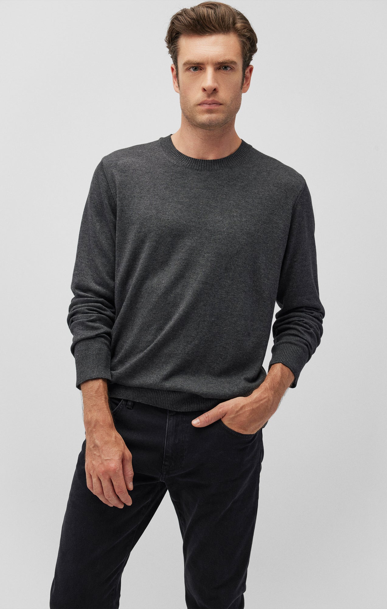 CREW NECK SWEATER IN ANTHRACITE MELANGE - Mavi Jeans