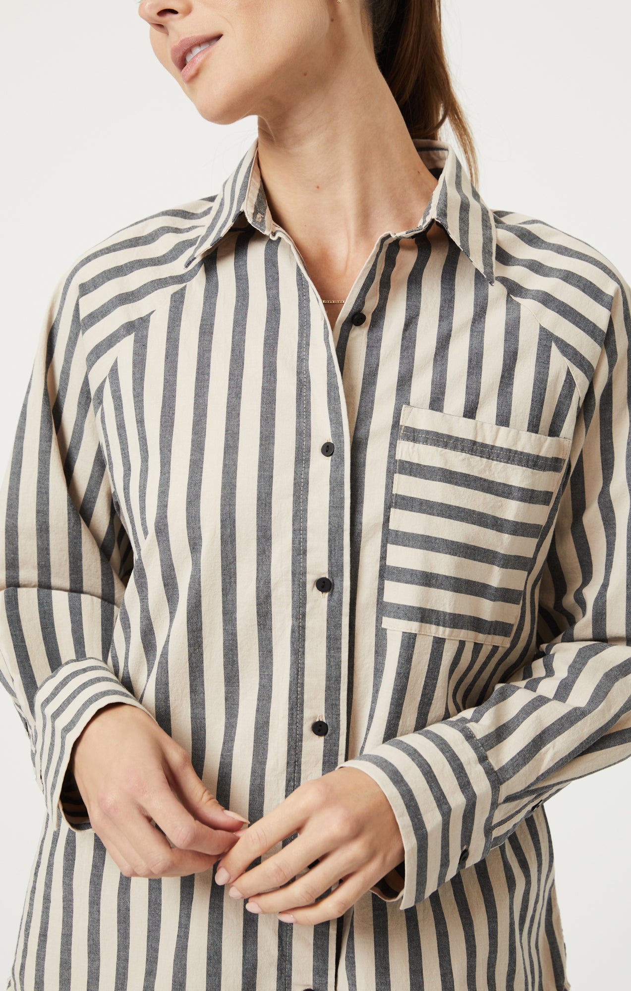Mavi Women's Button-Up Long Sleeve Shirt In Beige Bold Stripe
