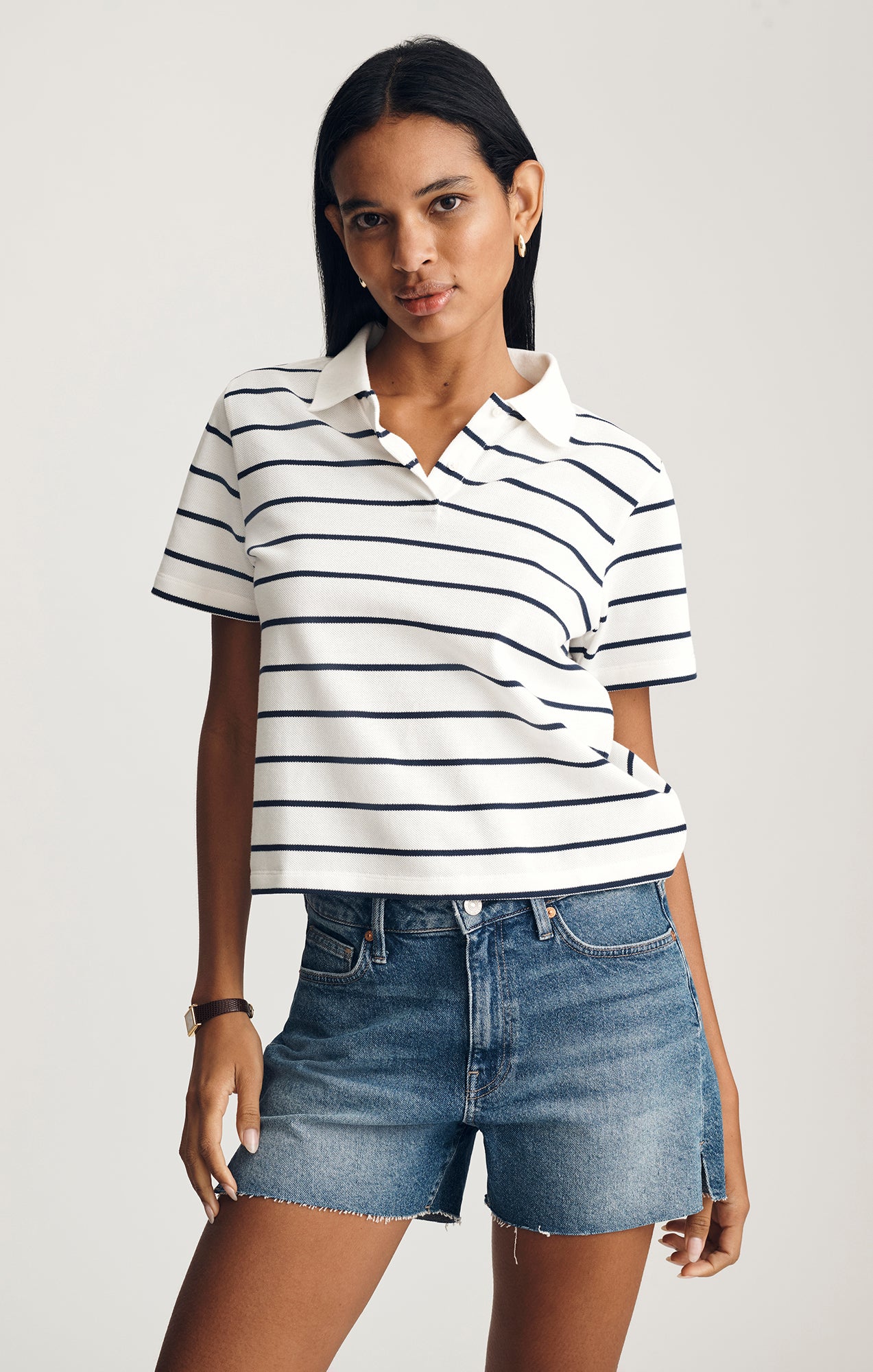 Mavi Women's Cropped Polo T-Shirt In Black Irish Stripe – Mavi Canada