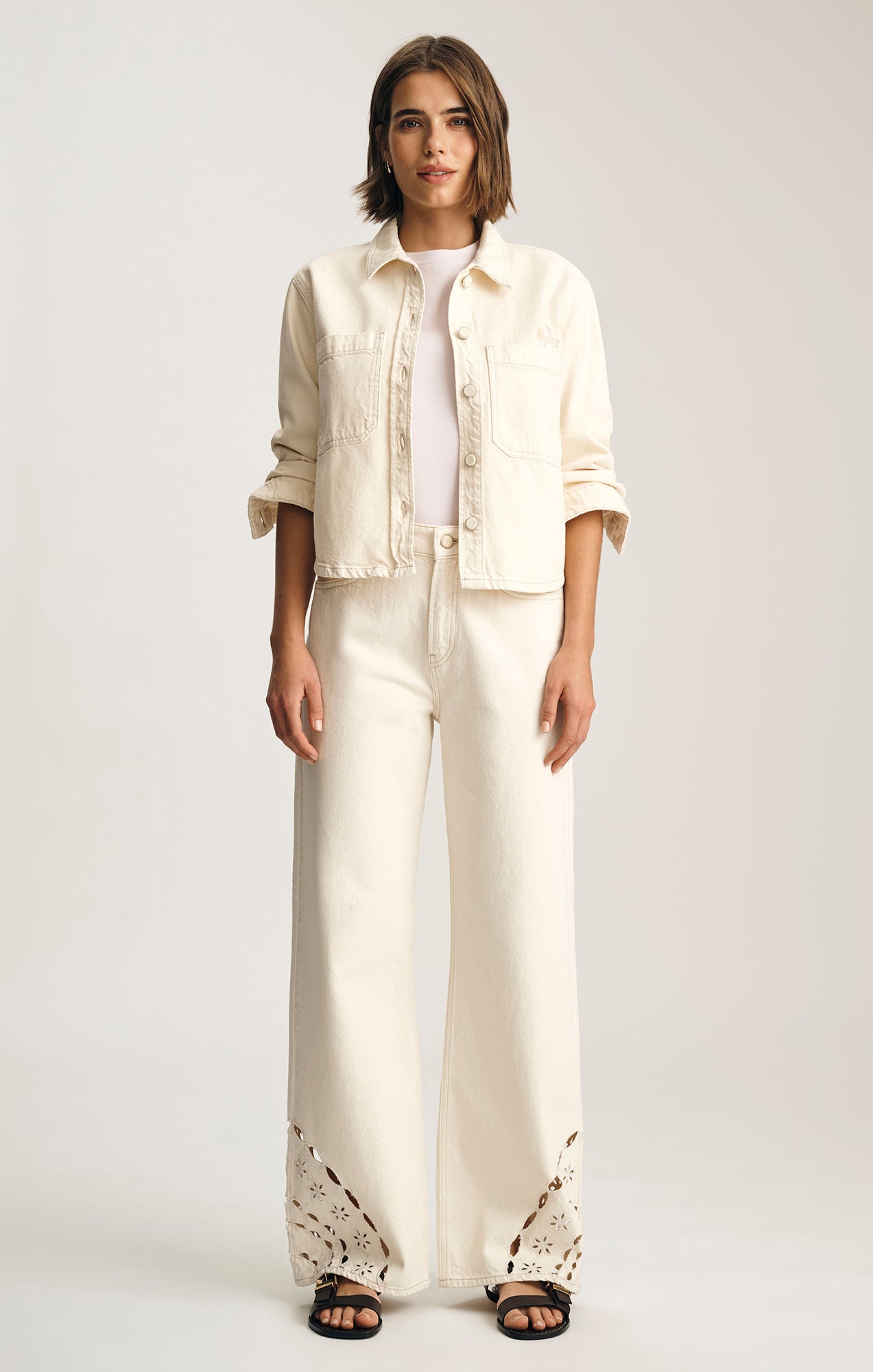 MALIBU WIDE LEG IN CREAM EMBROIDERED DENIM