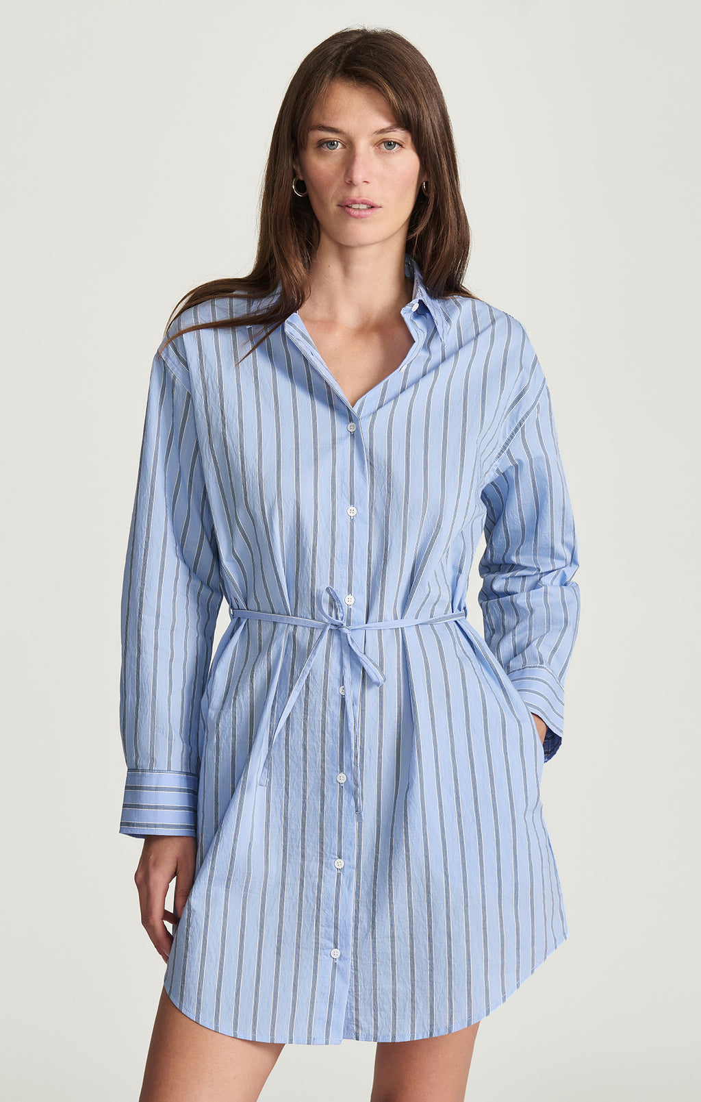 TIE-WAIST MINI SHIRTDRESS IN BLUE STRIPED - Mavi Jeans