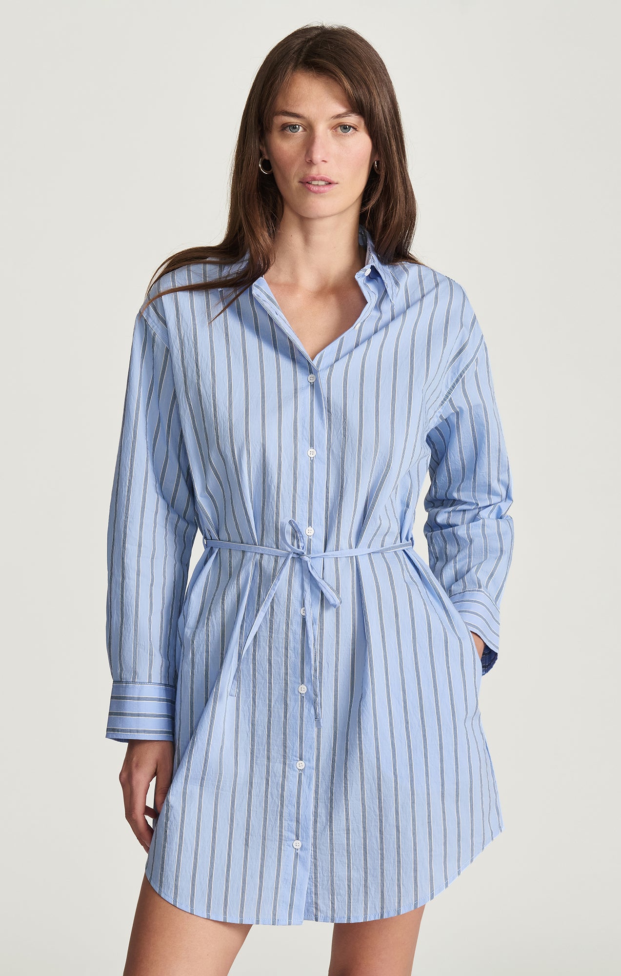 TIE-WAIST MINI SHIRTDRESS IN BLUE STRIPED - Mavi Jeans