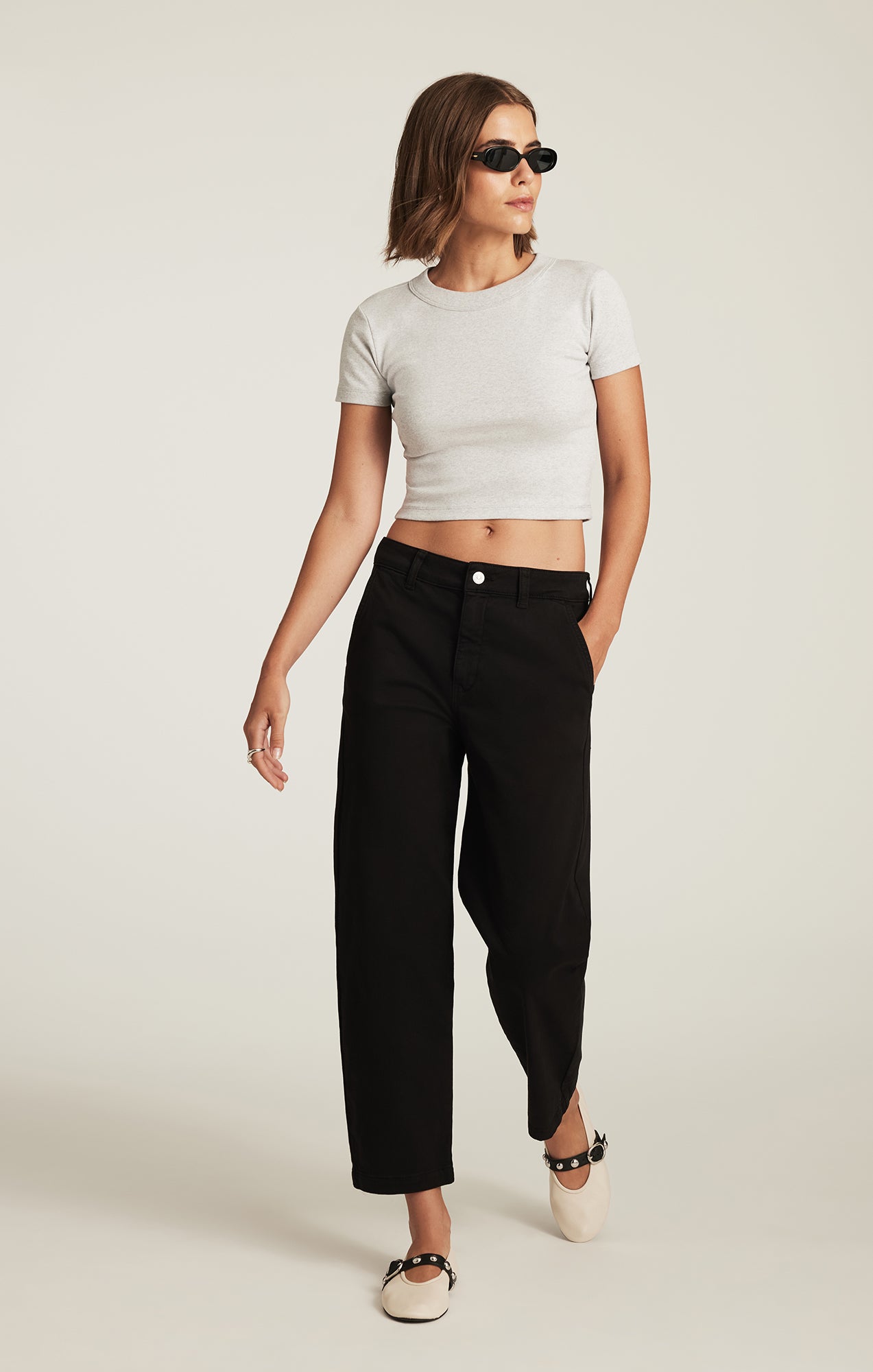 CROPPED CREW NECK T-SHIRT IN LIGHT GREY MELANGE