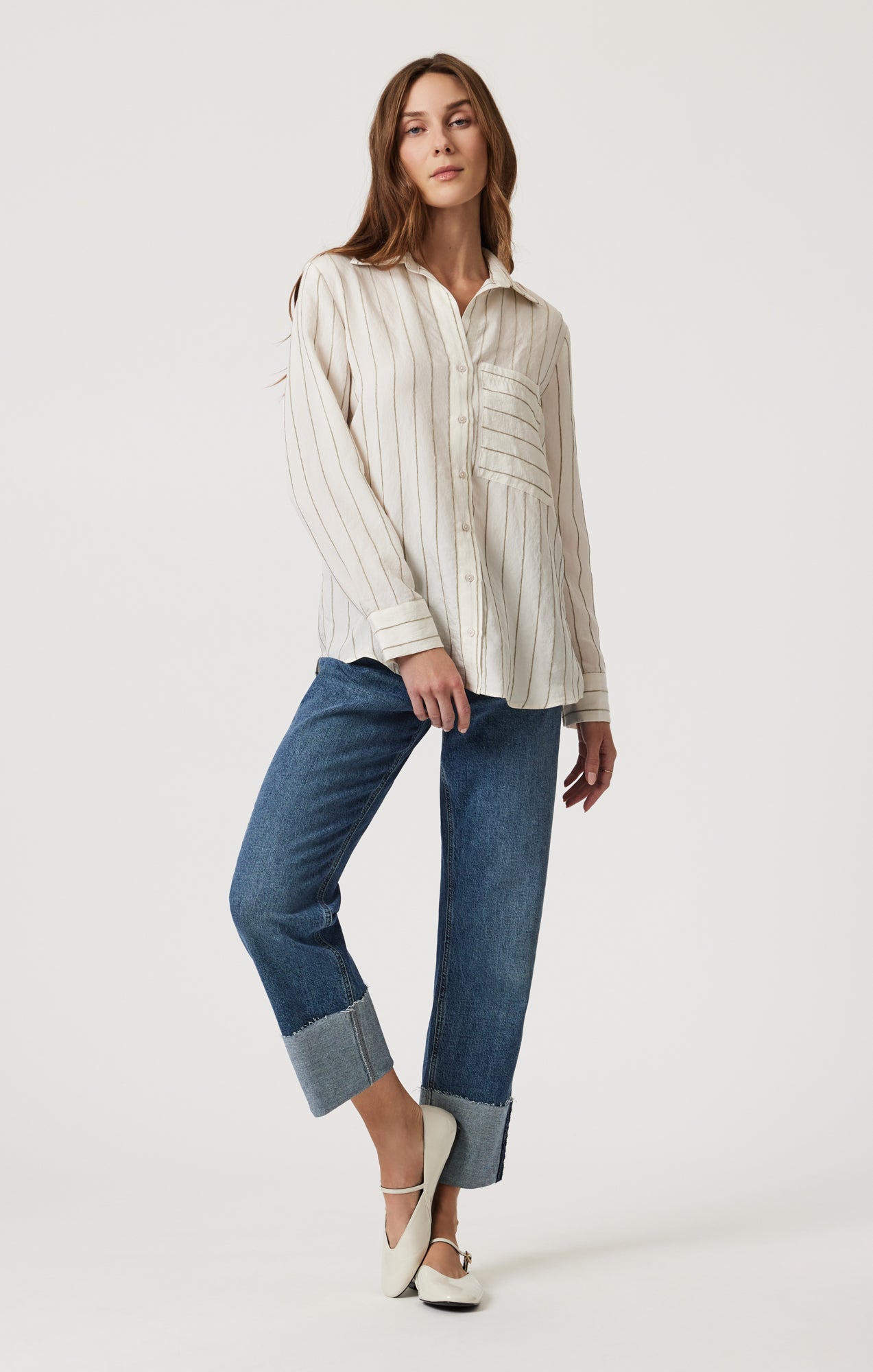 POCKET LONG SLEEVE SHIRT IN KHAKI STRIPE - Mavi Jeans
