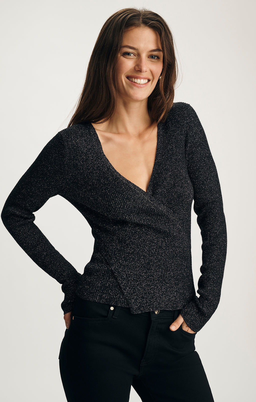 WRAP FRONT SWEATER IN BLACK