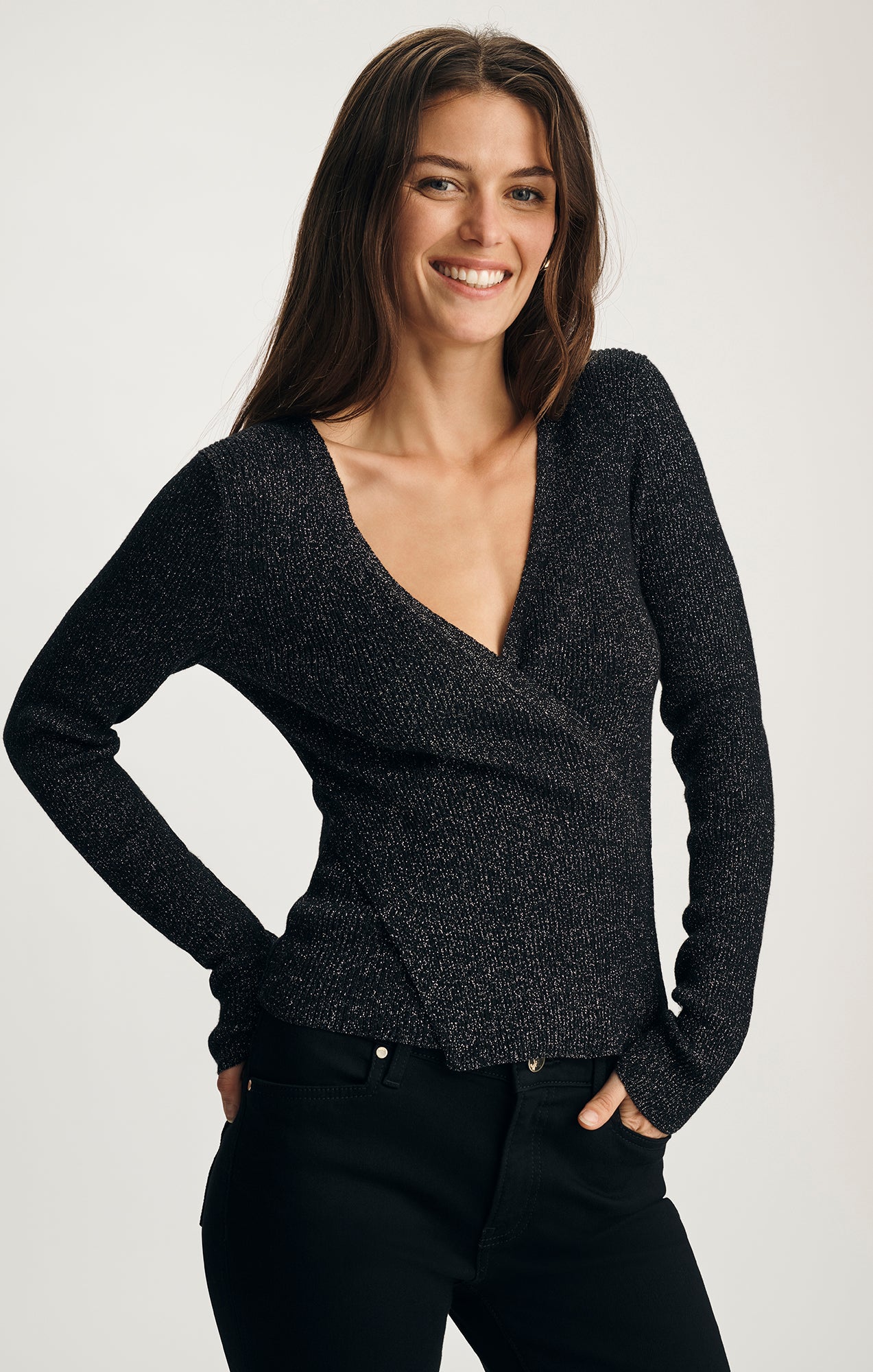 WRAP FRONT SWEATER IN BLACK