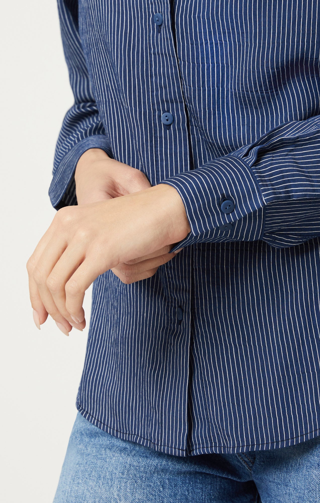 Mavi Women's Button-Up Long Sleeve Shirt In Navy Striped