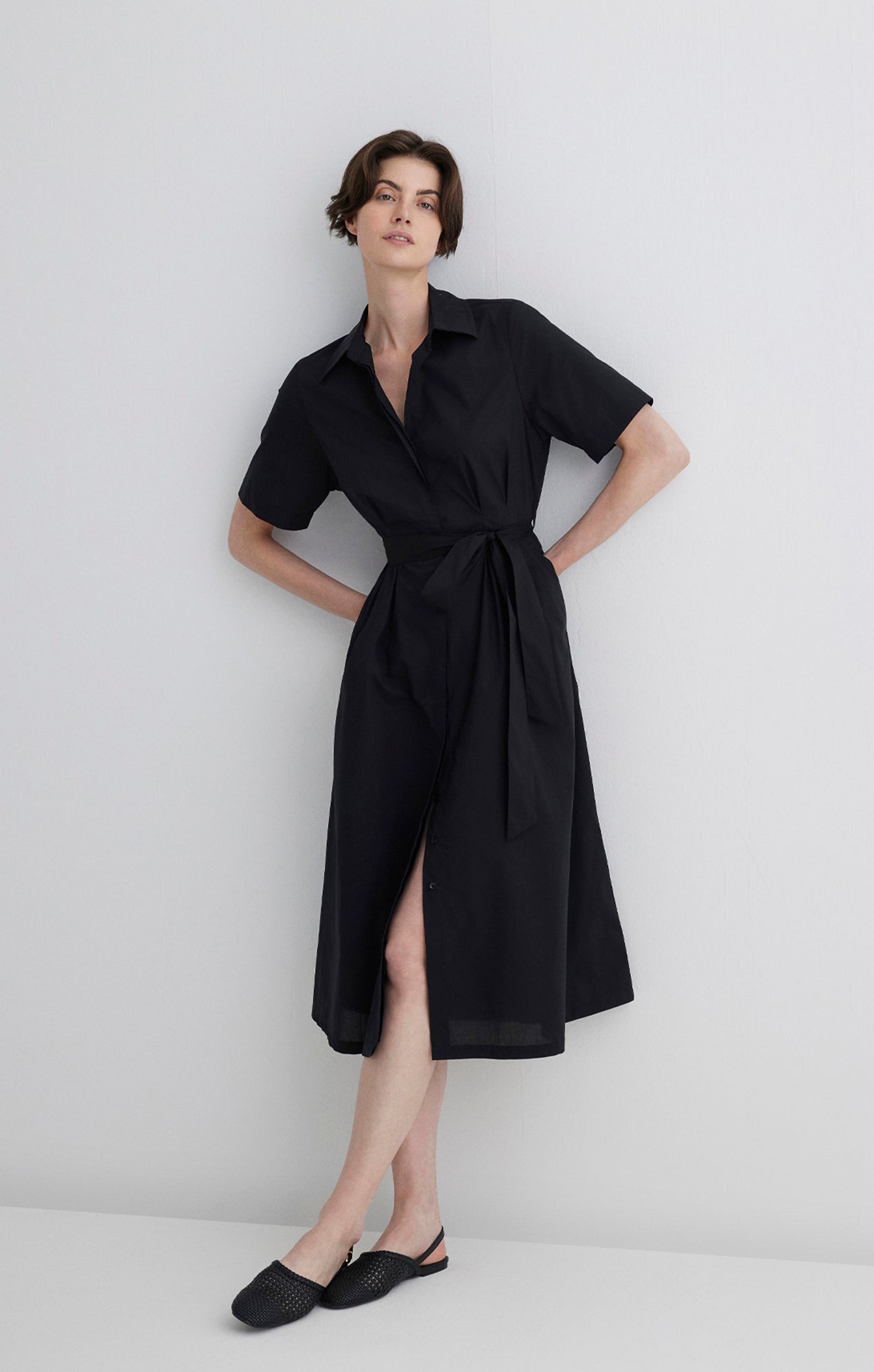TIE-WAIST MIDI SHIRTDRESS IN BLACK - Mavi Jeans