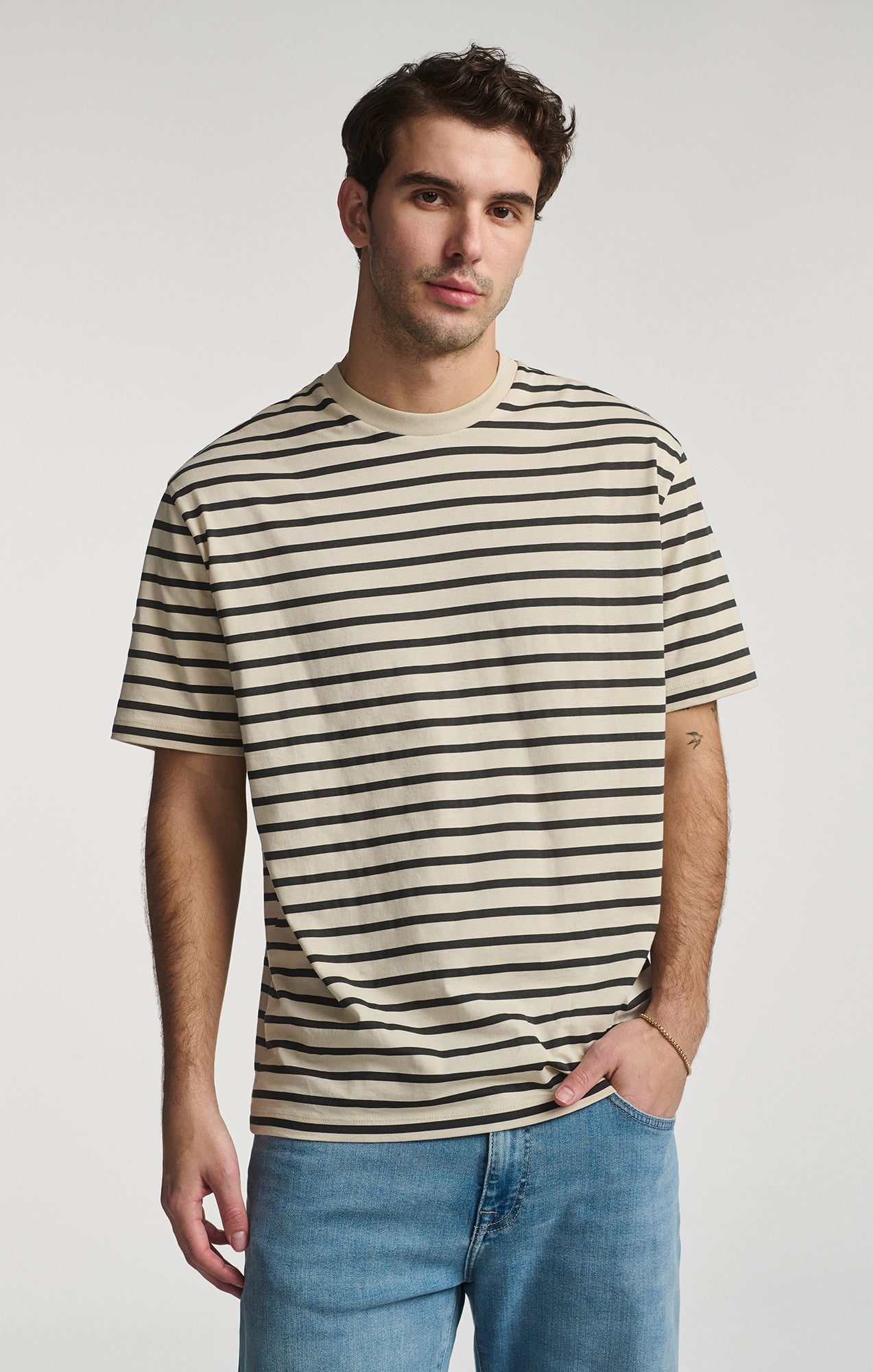 STRIPED SHORT SLEEVE CREW NECK T-SHIRT IN PELICAN - Mavi Jeans