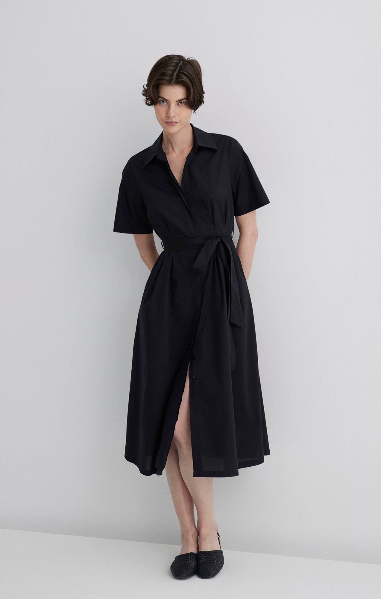 TIE-WAIST MIDI SHIRTDRESS IN BLACK - Mavi Jeans